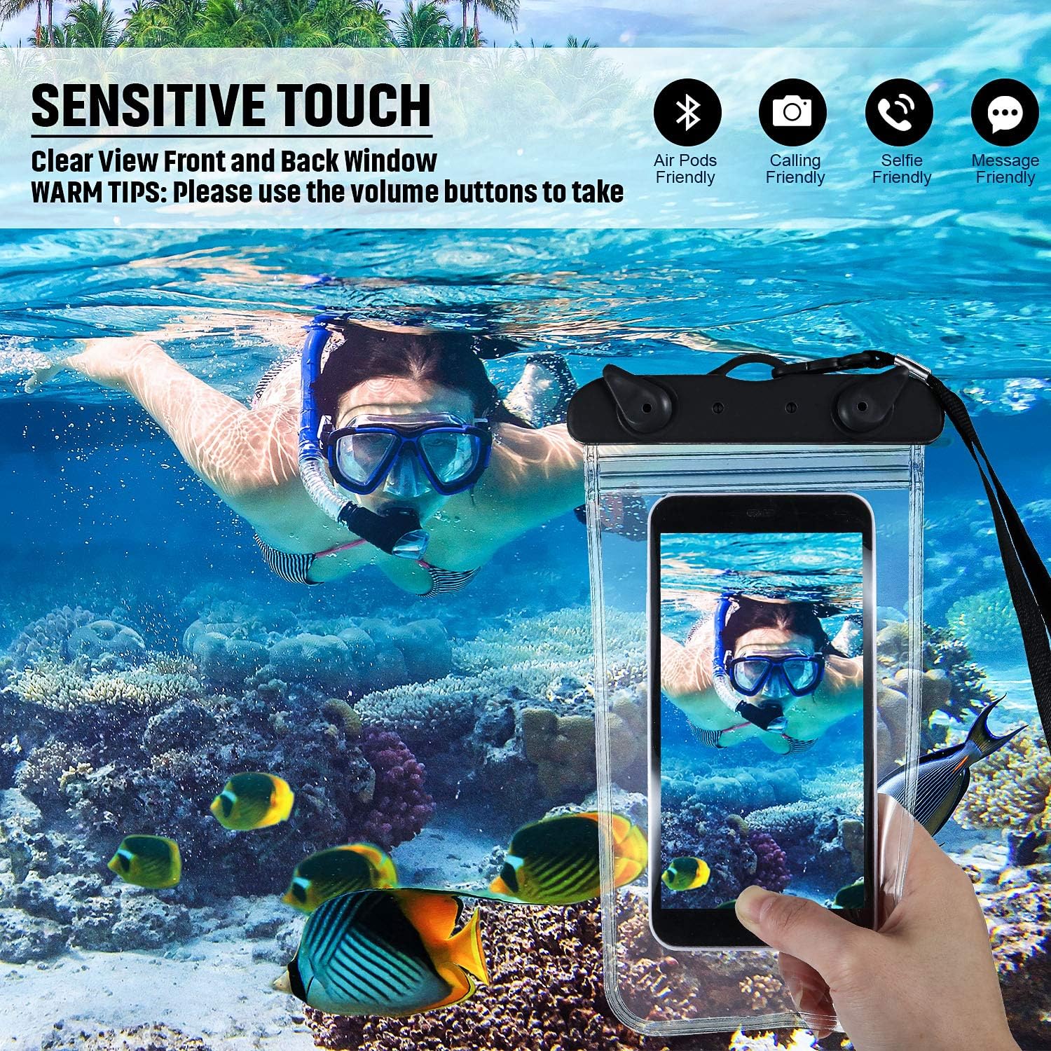 6 Universal Waterproof Phone Pouch Bag Underwater Case Clear Cellphone Dry Bag with Lanyard Swimming Snorkeling Water Sport Bag for Smartphone 6.9 Inch (Black)