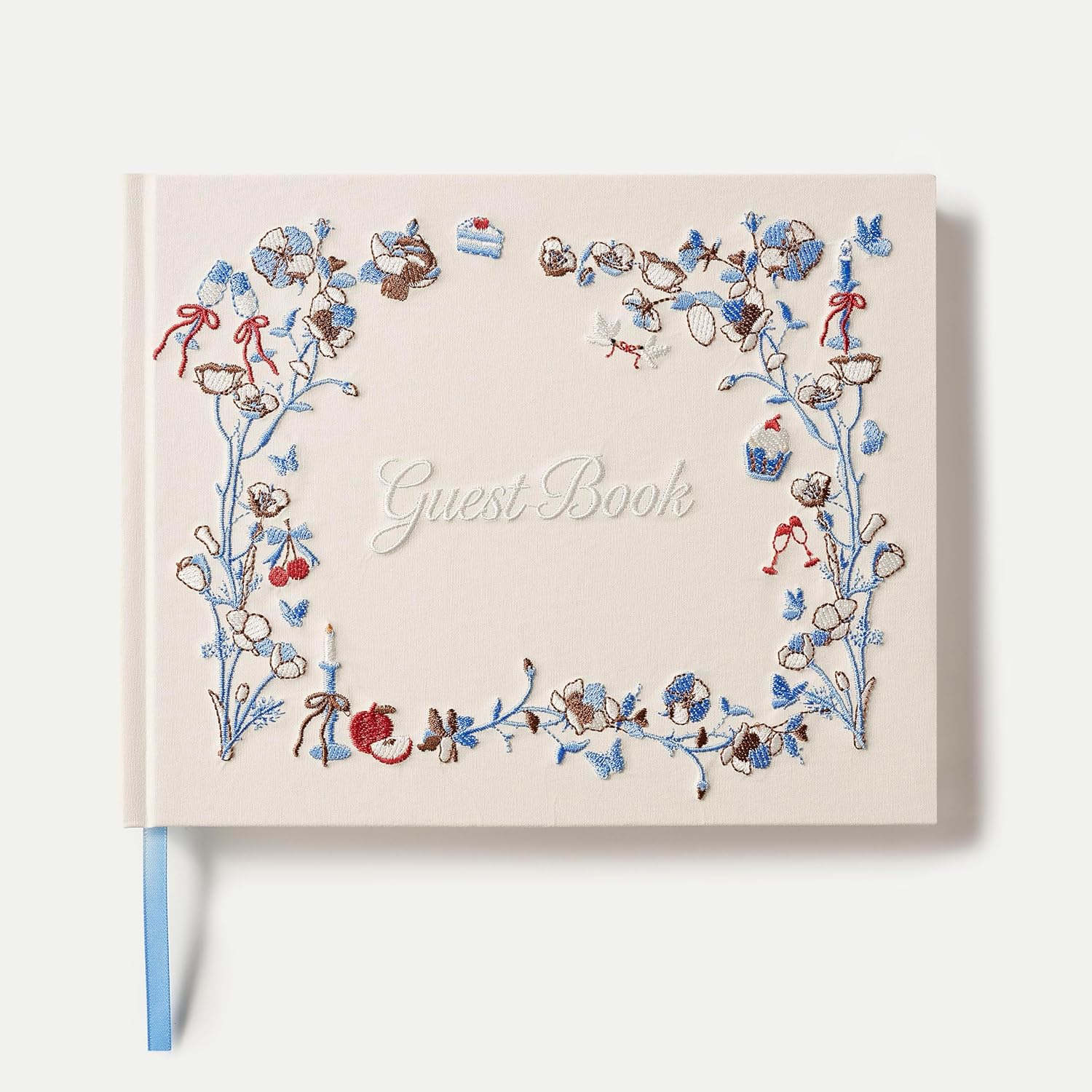 Embroidered Wedding Guest Book, Cotton Cover, Acid-Free Paper, 160 Pages, 9" L × 7" W, Sign in Book for Wedding Reception, Baby Shower&Events, with Envelopes, Table Card&Cotton Pouch (Ivory)