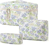 Vista 8 de HBselect Bolsa de Maquillaje Acolchada, 3 Piezas de Gran Bolsa de Maquillaje de Viaje de Algodón, Linda Bolsa de Maquillaje Floral Coquette, Bolsa