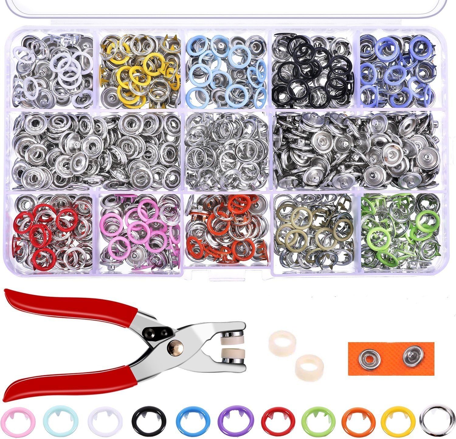 OFNMY 200 Sets Snap Fasteners Romper Snaps Craft Pliers Tool Prong Buckle Metal Ring Button Press Studs Sewing Craft 9.5 mm, 10 Colors