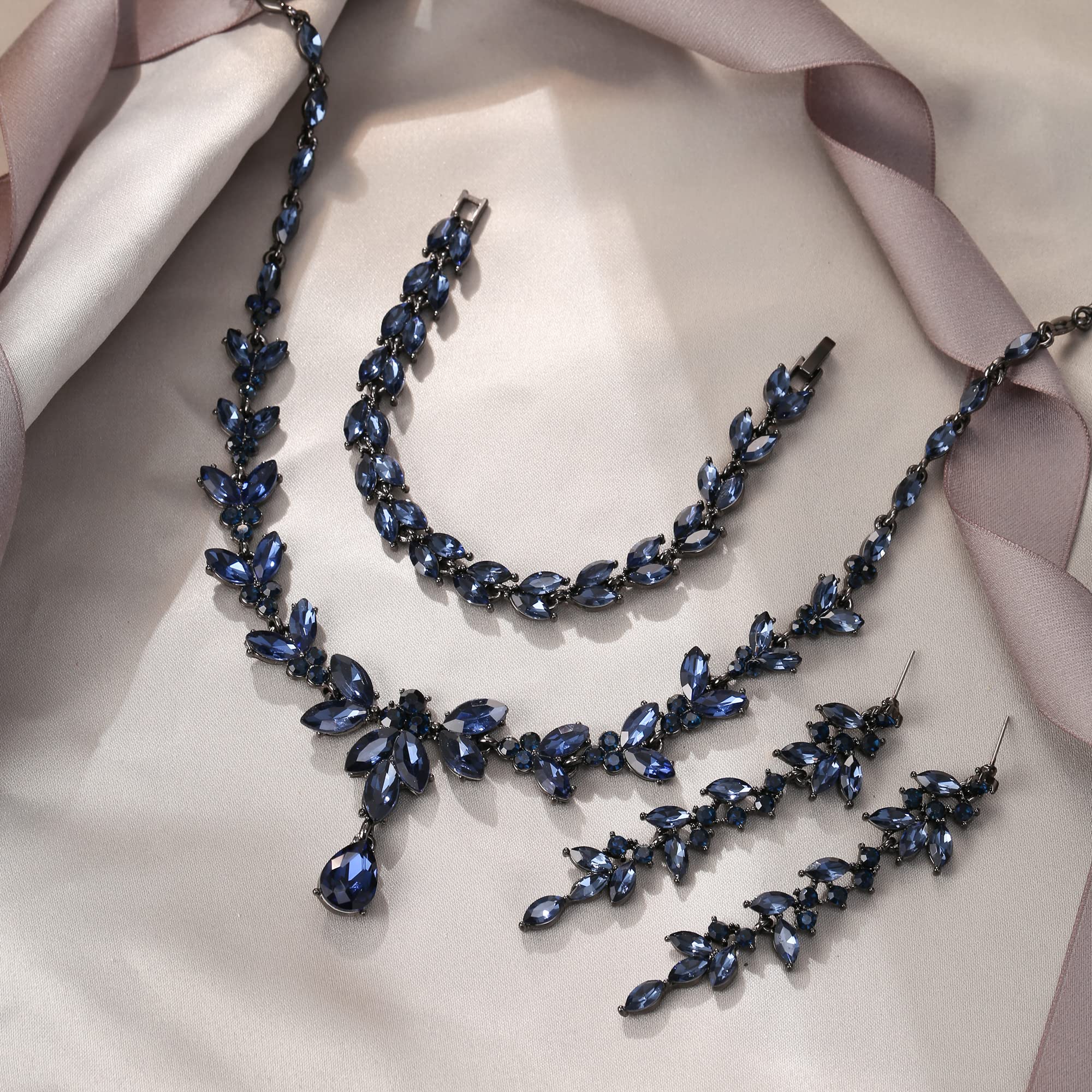 EVER FAITH Schmuckset Österreichisches Kristall Braut Schmuck-Set, Elegante Marquise Strass Blatt Halskette mit baumelnden Ohrringen Tennis-Armband-Set