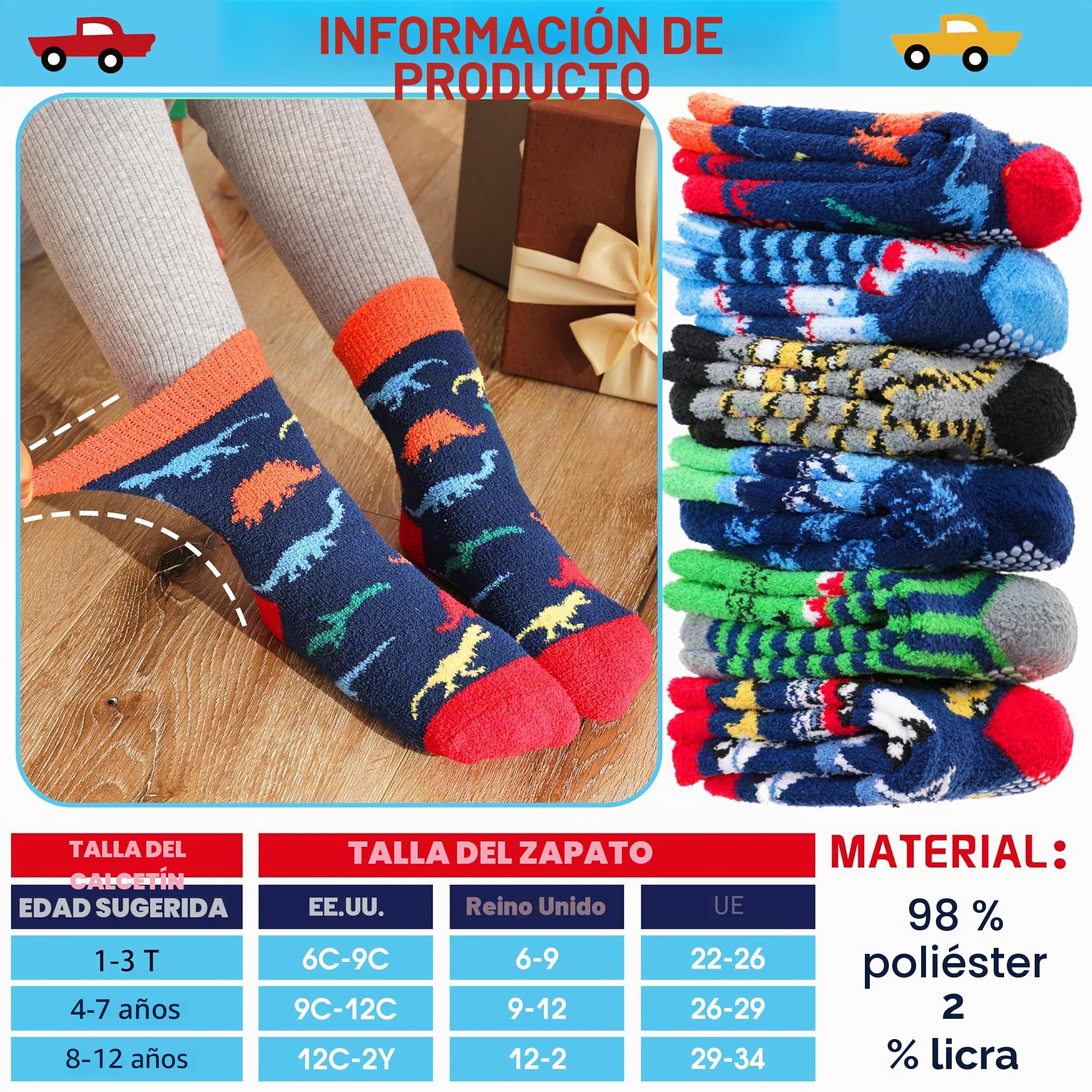 Welwoos 6 Pares Calcetines Antideslizantes Termicos Niños, Calcetines Divertidos Antideslizantes Invierno Transpirable para Niños Tallas 22-34