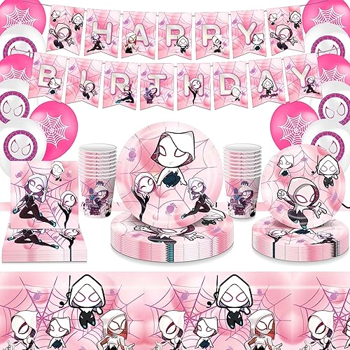 Decoraciones de fiesta de cumpleaños de Spider Girl 82 piezas de suministros de fiesta de cumpleaños con temática de niña araña, incluye pancarta de