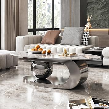 Modern Coffee Table with Silver Stainless Steel Pedestal,Oval Living Room Table with Faux Marble Top & Luxury Legs,Sintered Stone Cocktail Center Table,51.20inch