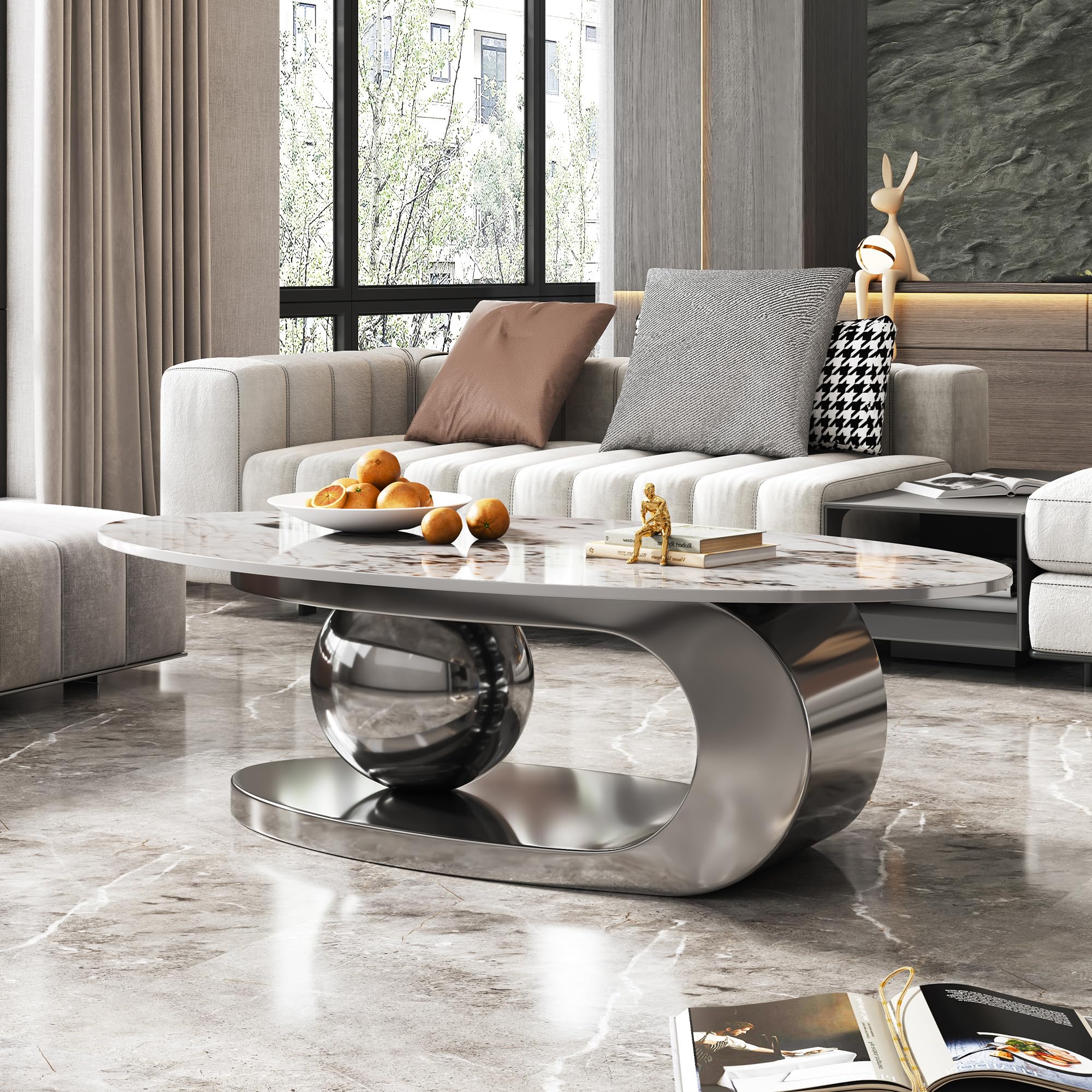 Modern Coffee Table with Silver Stainless Steel Pedestal,Oval Living Room Table with Faux Marble Top &amp; Luxury Legs,Sintered Stone Cocktail Center Table,51.20inch