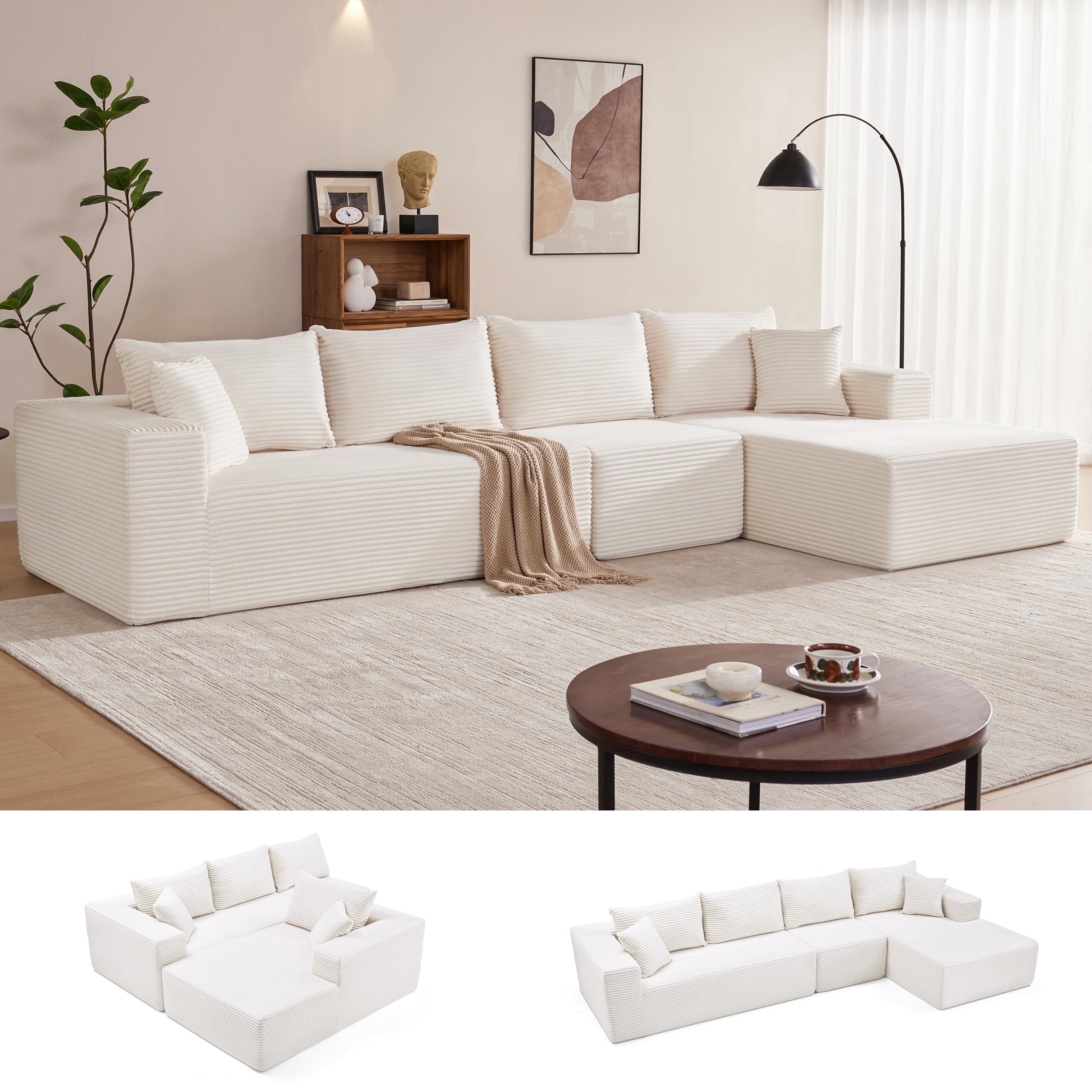 Mangodan 140” Cloud Sectional Couch, Boneless Sofa for Living Room, Modular Sectional Sofa with Deep Seat, Comfy Fluffy L-Shaped Couch with Right Facing Chaise, No Assembly Required, Beige