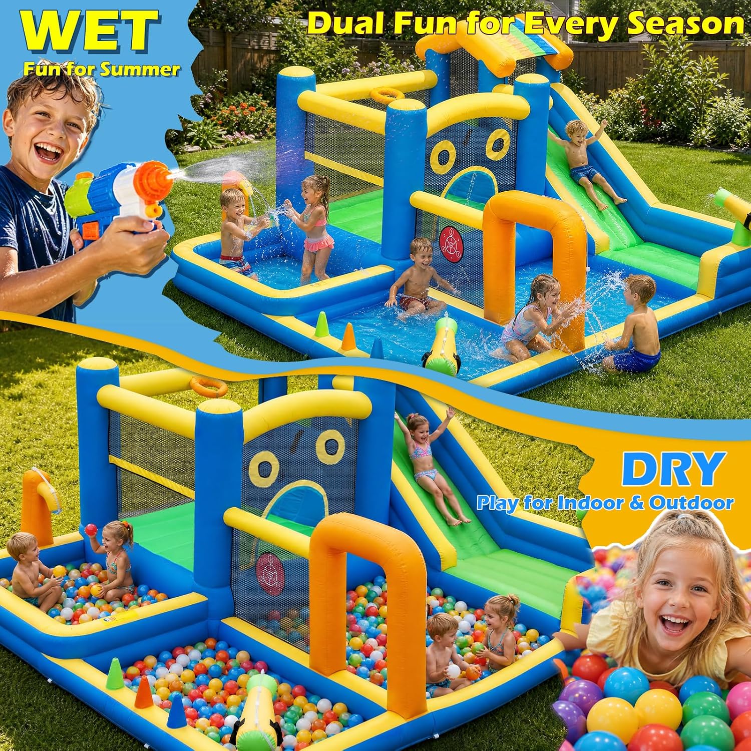 10-in-1 Inflatable Water Slide Bounce House for Kids, Backyard Water Park with Climbing Wall & 550W Blower, Heavy Duty Toddler Water Slide Castle for Birthday Party Outdoor Summer Fun
