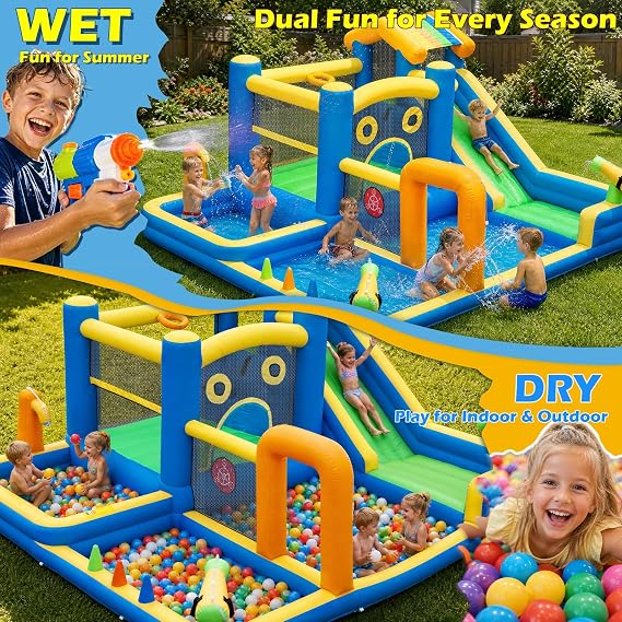 Large Inflatable Water Park with Slide and Splash Pool for Kids, AONESY Inflatable Bouncy Castle Water Sprayers, Climbing, Jumping, Soccer Area, 480W Blower for Indoor Outdoor Backyard