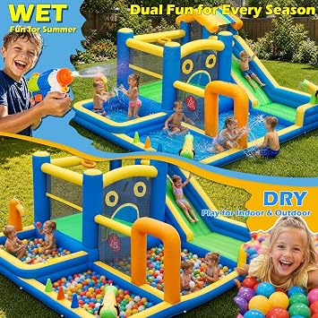 Large Inflatable Water Park with Slide and Splash Pool for Kids, AONESY Inflatable Bouncy Castle Water Sprayers, Climbing, Jumping, Soccer Area, 480W Blower for Indoor Outdoor Backyard