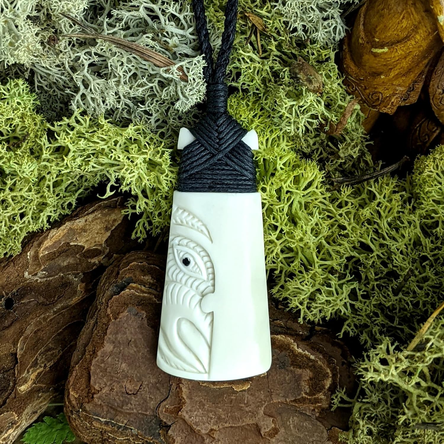 81stgeneration Hand-Carved Bone Paua Shell Large HEI Toki Pendant with Engraved Maori Warrior Face - NZ-Style Cord Neckace - Men's Surfer Accessory - Handmade Tribal Statement Jewelry for Women - Image 4