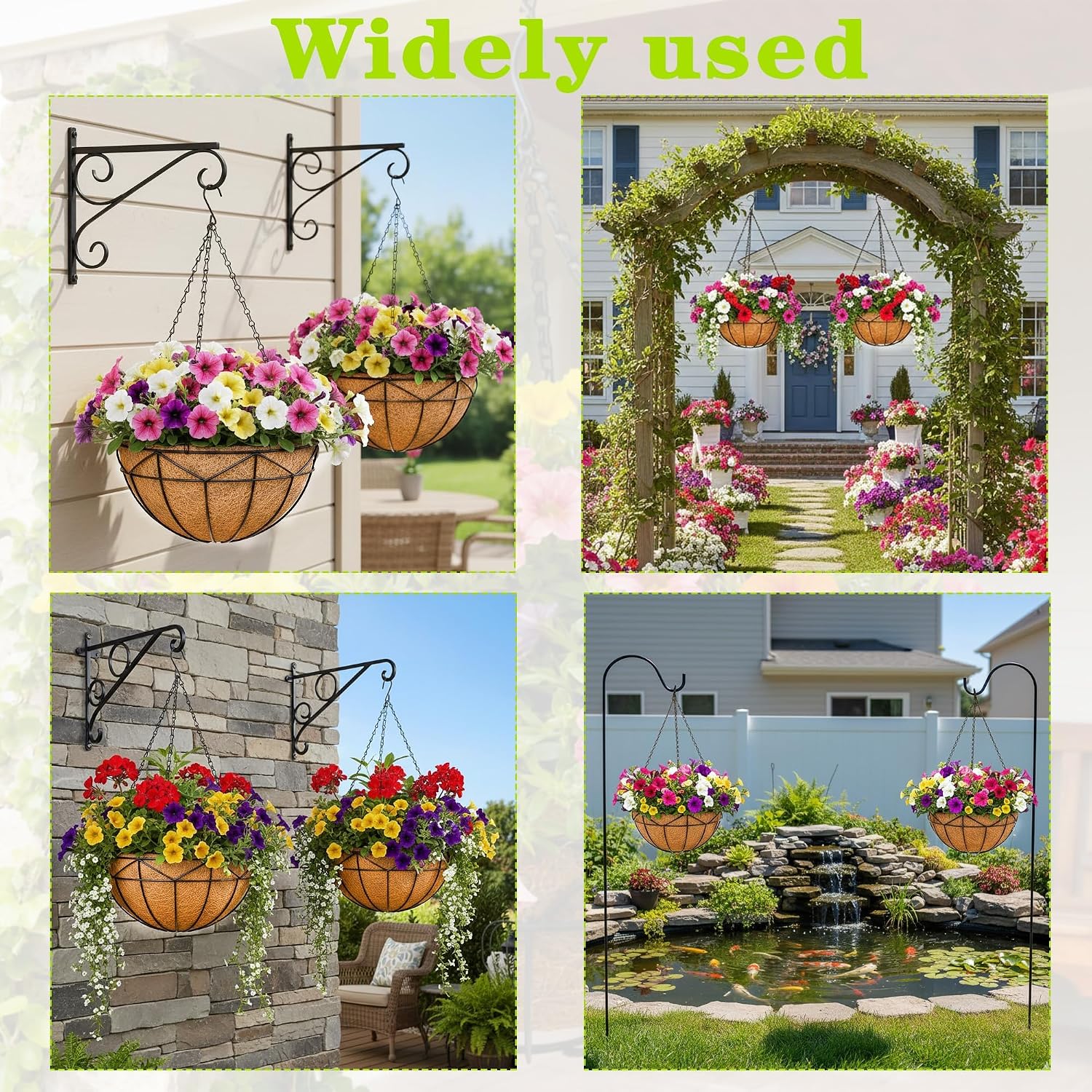 4 Pack 12 Inch Black Wire Hanging Planter with Coir Fiber Outdoor Round Hanging Basket with Metal Chain for Balcony Porch Farmhouse Country Style Garden Decor (Geometric)