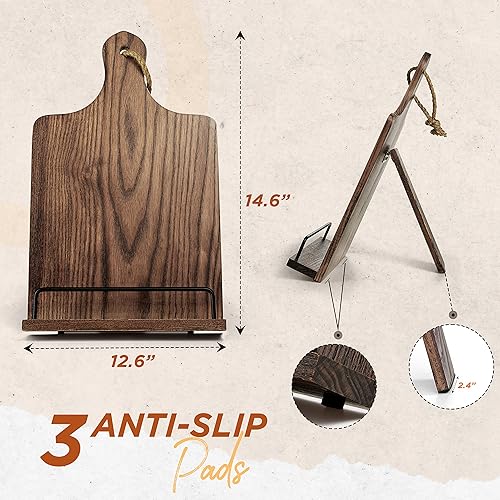Miniatura 3 de Soporte para libro de cocina, de madera rústica, estilo tabla de cortar, soporte ajustable para libros de recetas para iPad y soporte para cocina