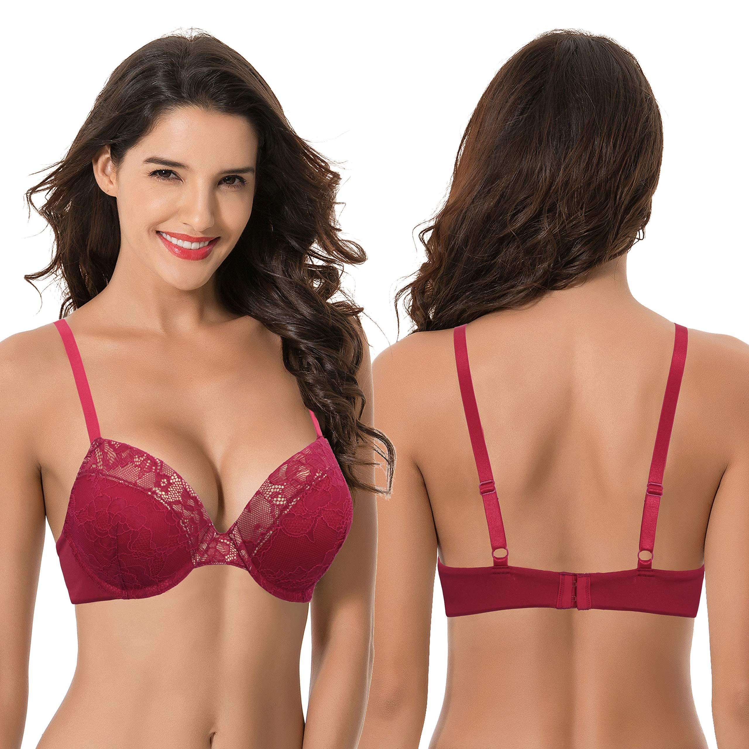 Curve Muse Reggiseni in pizzo push-up con ferretto da donna Plus Size Aggiungi 1 e mezza coppa, Nero, rosso (confezione da 2), 5D