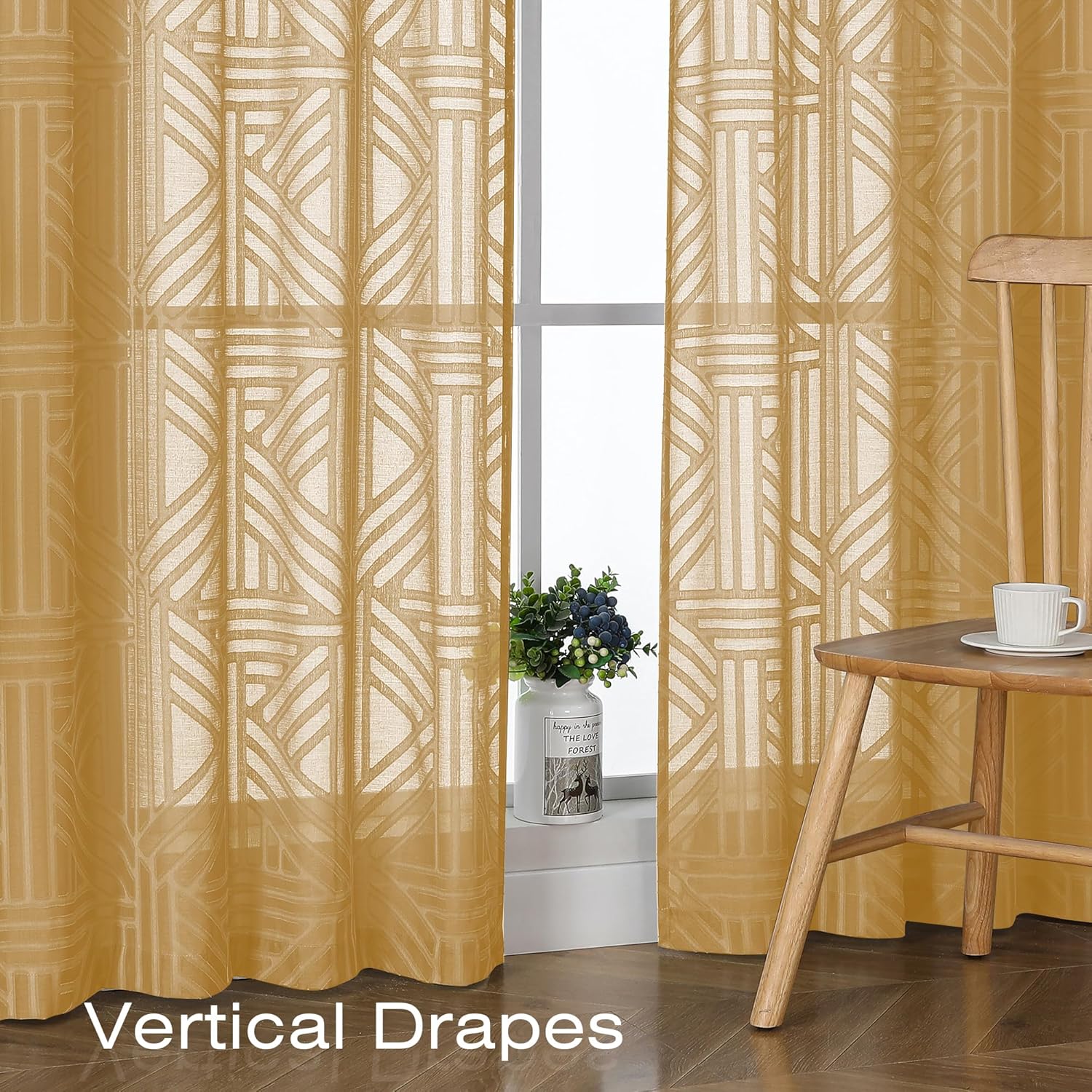 Simplebrand Semi Sheer Gold Curtains 96 Inches Long 2 Panels, Light Filtering Geometric Jacquard Clip Textured Sheer Curtains for Living Roon，Modern Elegant Window Curtains Drapes，52x96 inch