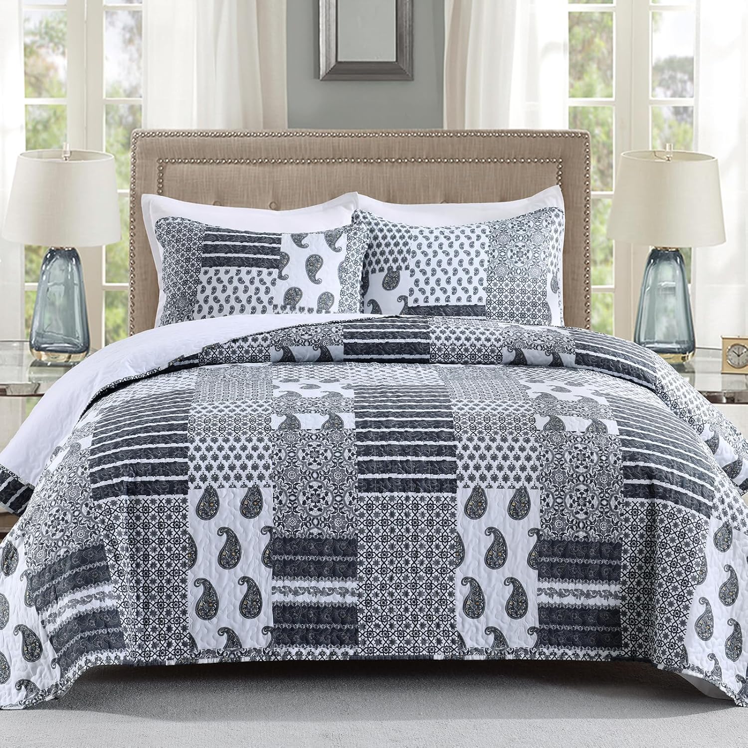 HIARUO Quilt Set King Size, 3 Pieces Bedspread Coverlet Plaid Patchwork Quilt Farmhouse King Size Comforter Set Lightweight Bedding with 2 Pillow Covers Shams for All Season Red Blue