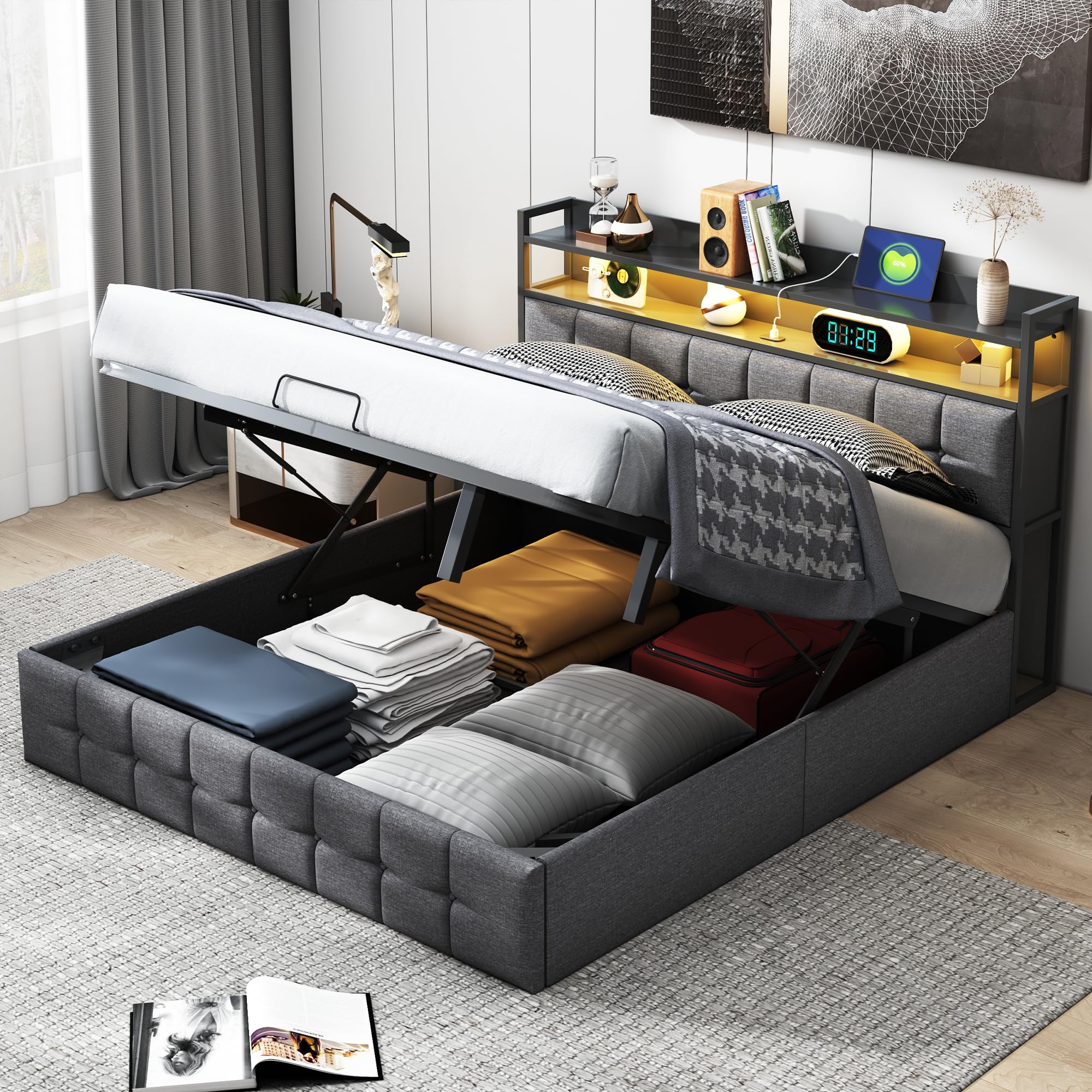 Letto imbottito 140 x 190 cm con spazio e rete a doghe, letto matrimoniale idraulico con funzione di ricarica USB e testiera LED, per adulti e ragazzi (nero+lino, 140 x 190 cm)