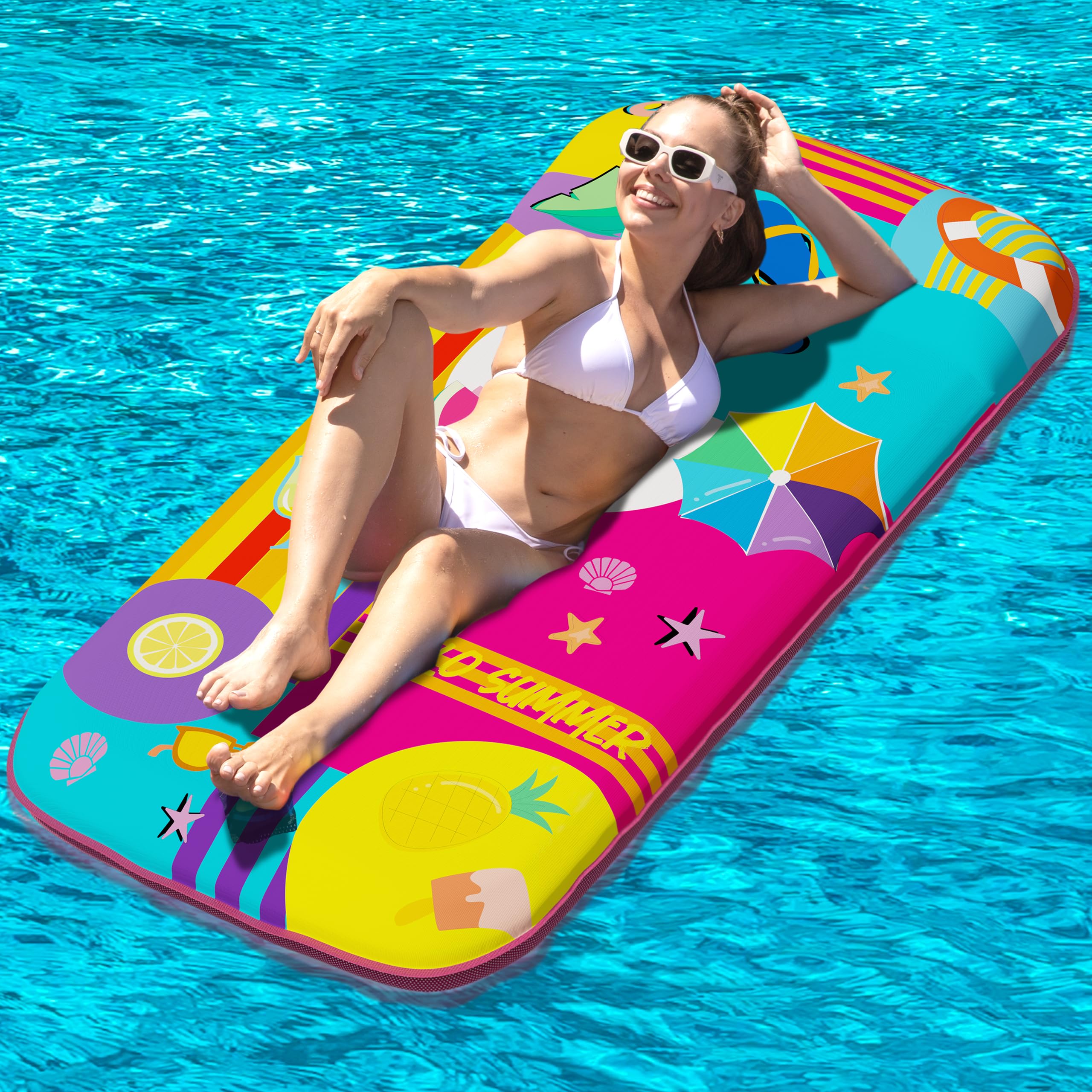 JAMBO Fabric Covered Pool Float for Adults, Pool Mattress Float, Oversized Pool Float, Giant Pool Raft, Heavy Duty Pool Air Mattress, Inflatable Lounge Raft, Comfort Cooling Pool Raft