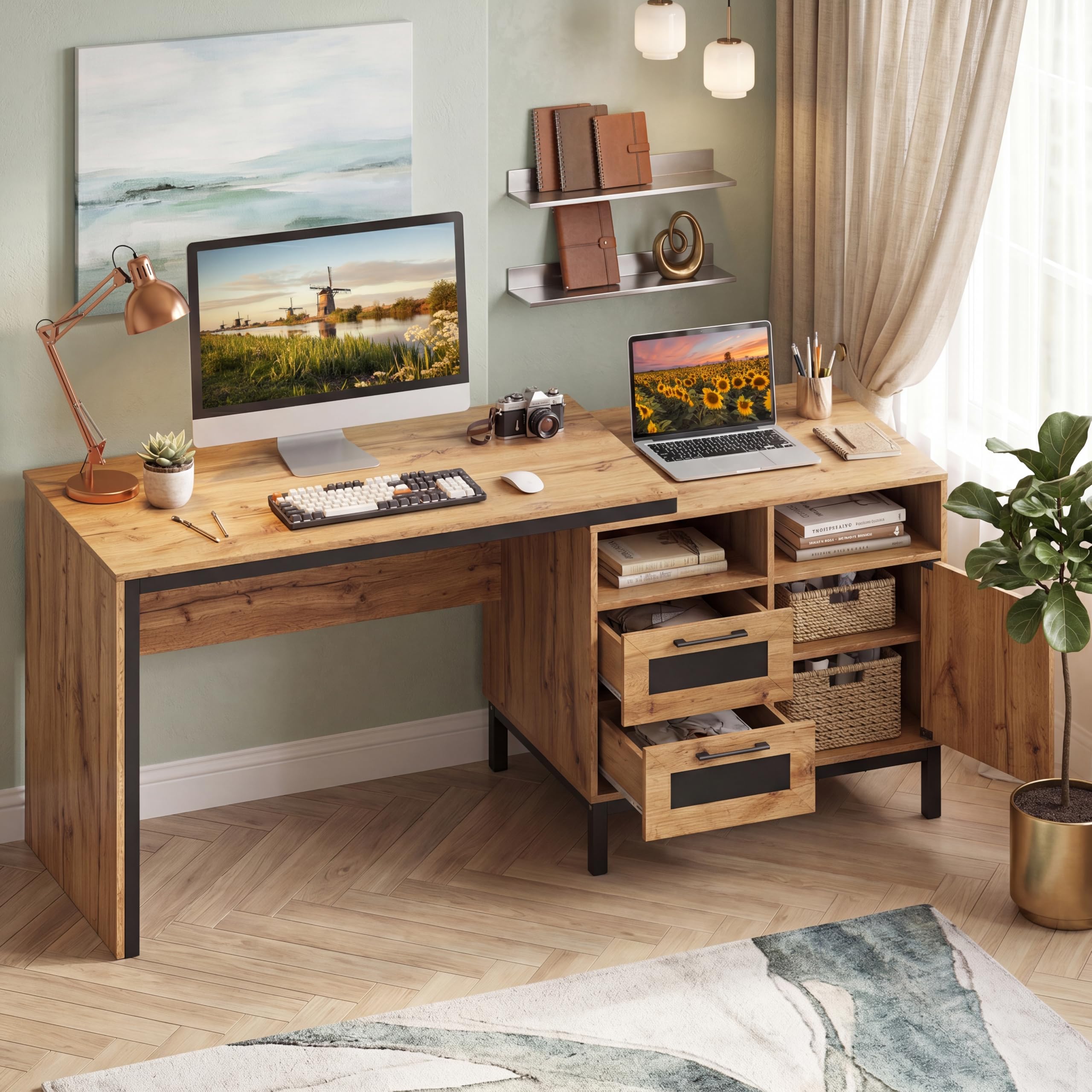Giantex Escritorio de Ordenador con Cubos de Almacenamiento y Cajones | 2 Cajones, 2 Compartimentos Abiertos y Armario, Mesa de Oficina para Hogar, Estudio, 181 × 60 × 76 cm