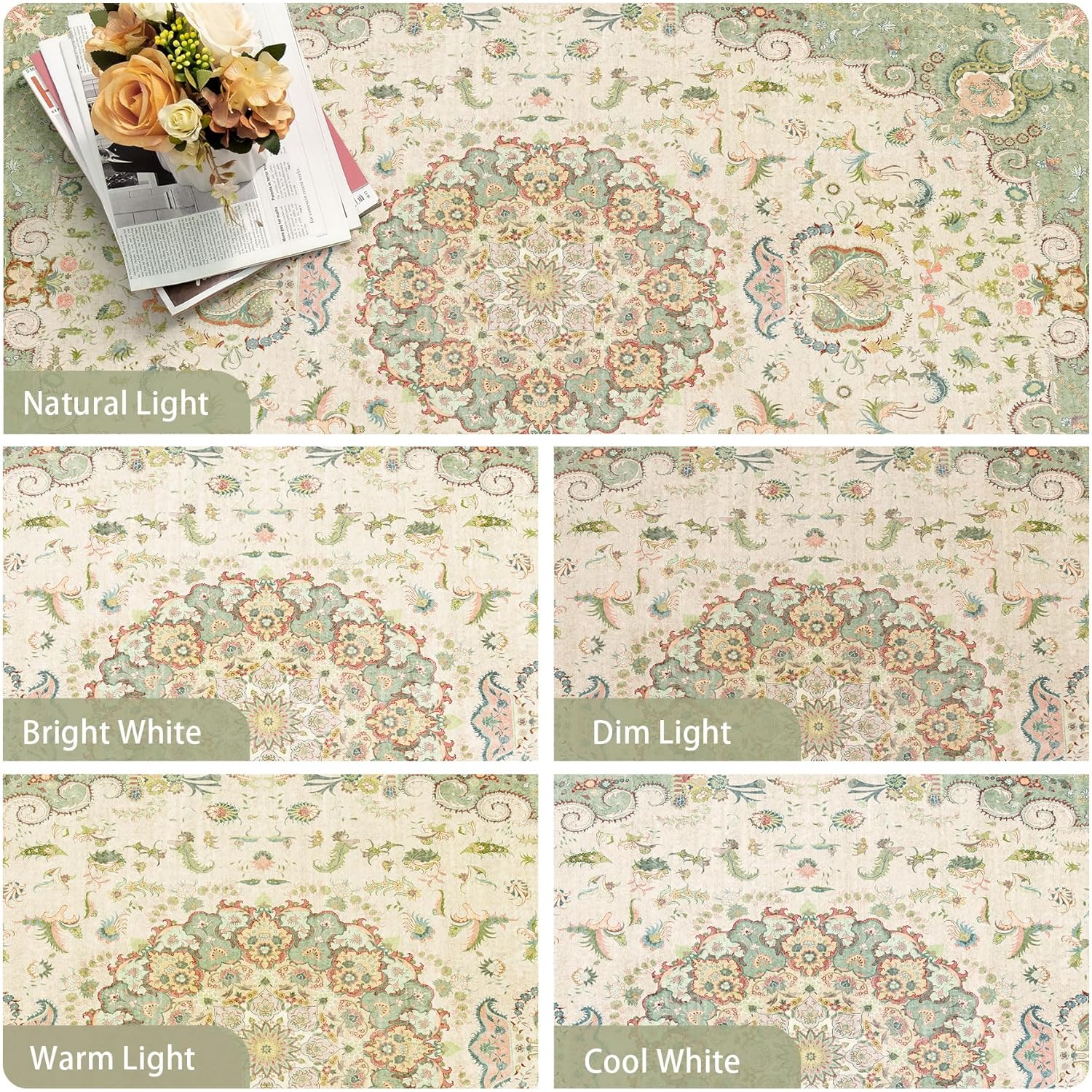 Hallway Runner Rug 2x6, Green Rugs Boho Washable Rug for Hallways Entryway Kitchen Bedroom, Vintage Floral Distressed Floor Carpets