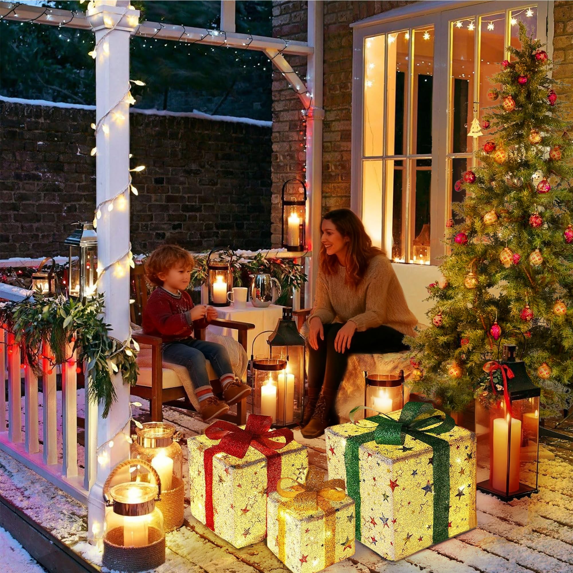 Juego de 3 Ramadan Decoracion, 50 LED Cajas de Regalo Ramadán con Luces, 8 Modos Cajas de Regalo Decorativo Estrellas con Control Temporizador, Interior para Árbol de Ramadán IP44