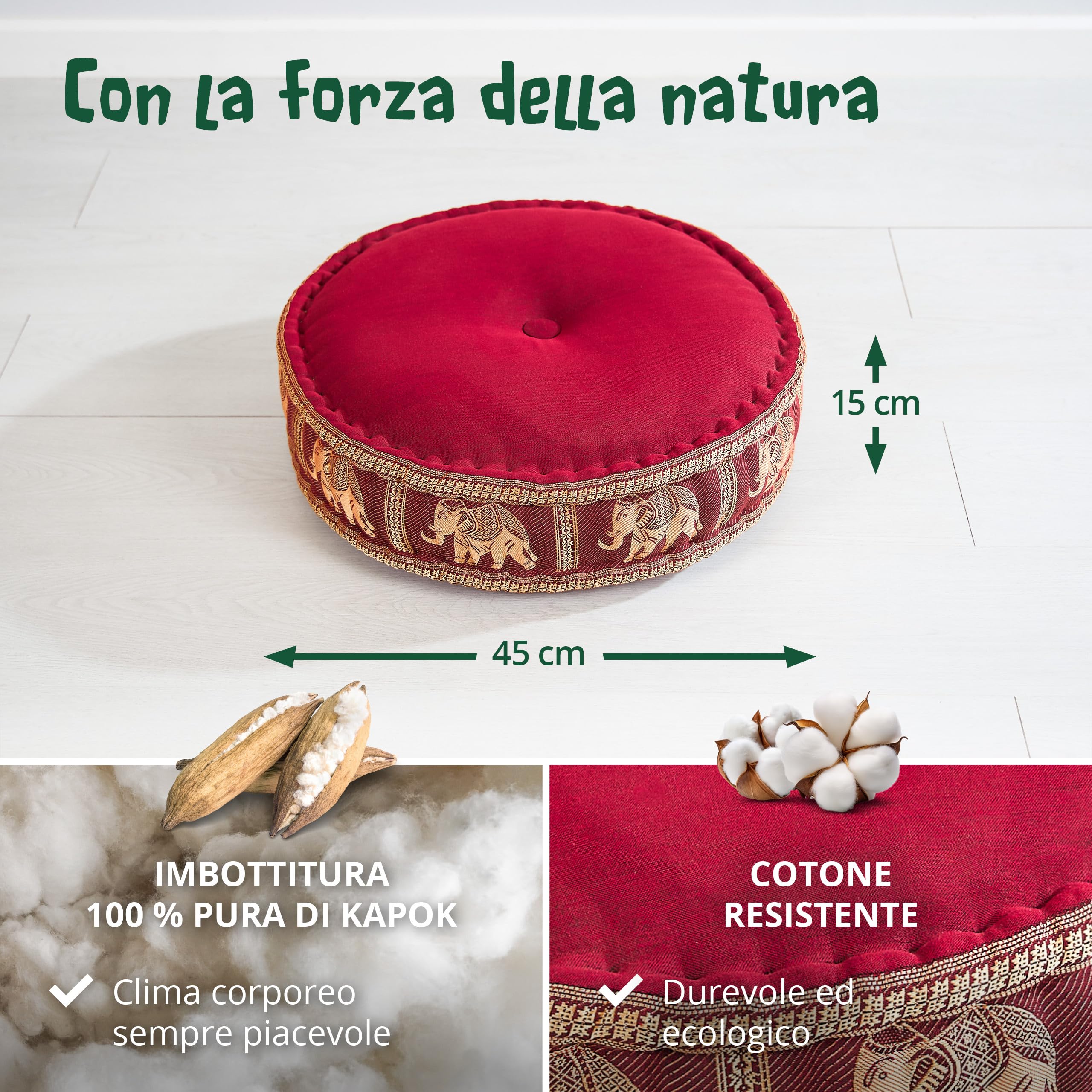 livasia Cuscino da Meditazione Seta thailandese - Ø 45x15cm - Cuscino per Yoga kapok, Pouf, Cuscino da Pavimento Yoga Meditazione Zen, Cuscino Giardino Balcone (Rosso/Elefanti Seta)