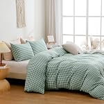 FANSTIVE Reine de couverture de duvet Gingham vert, 3 Pièces Microfibre Extra Soft Respirant Plaid Checkered Grid Mignon Couvercle de Couleur avec 1 Couverture de coudée et 2 Carcasses d'oreillers