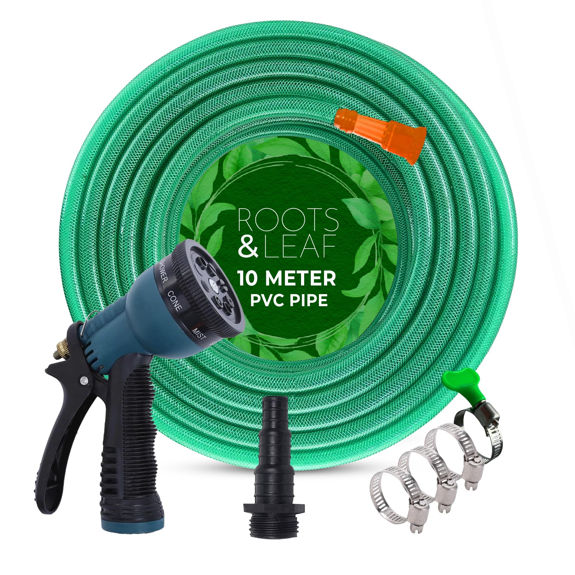 Roots and Leaf 10M 0.5 Inch Braided PVC Garden Hose Pipe with 8 Pattern Spray Gun with 4 Clamps and tap Adaptor - Green | Heavy Duty Water Pipe for Garden, Car Washing, Garden Pipe for Home