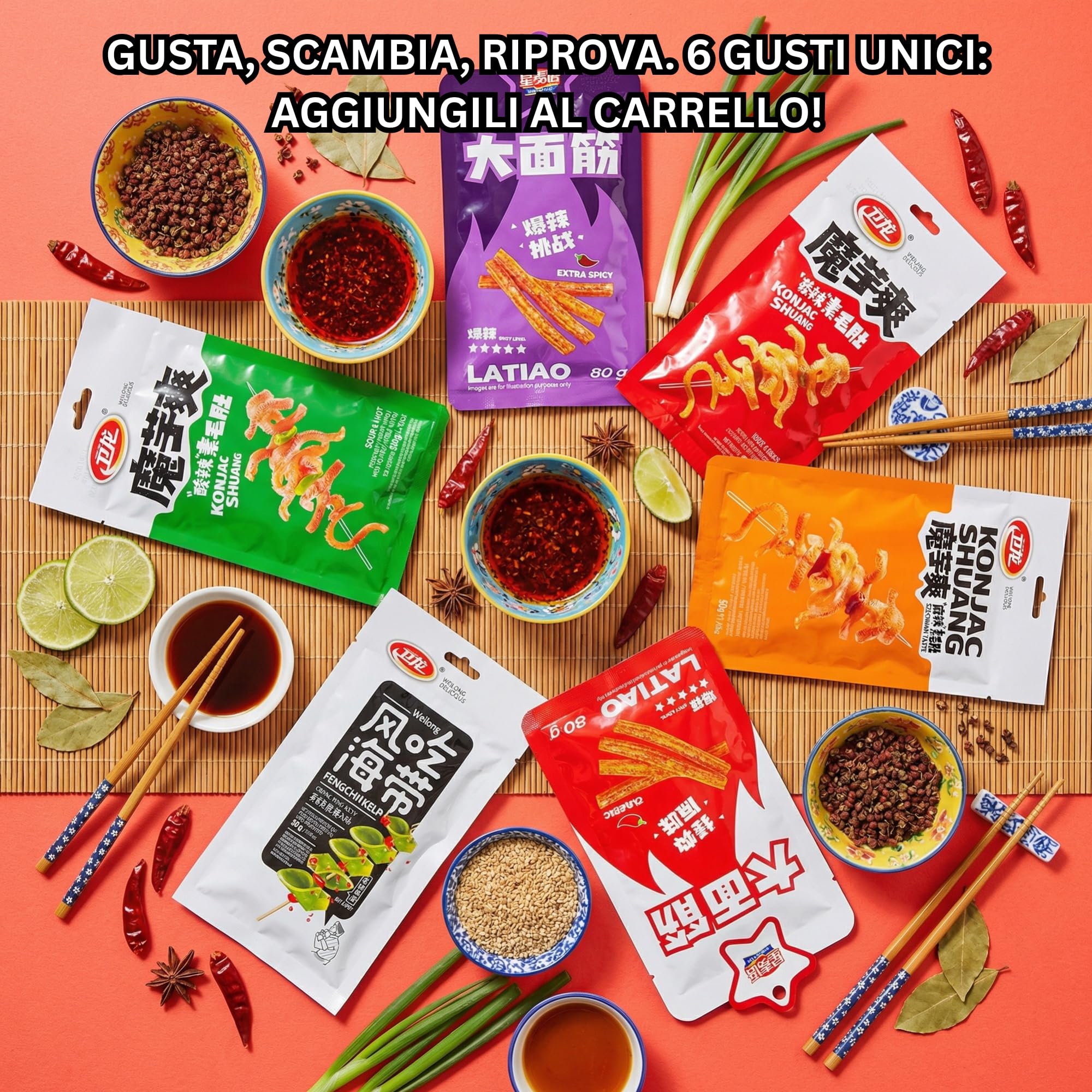 HU TASTE Mix Snack Salati Orientali 10 Pezzi Box Cibo Cinese e Giapponese con Latiao e Snack al Konjac