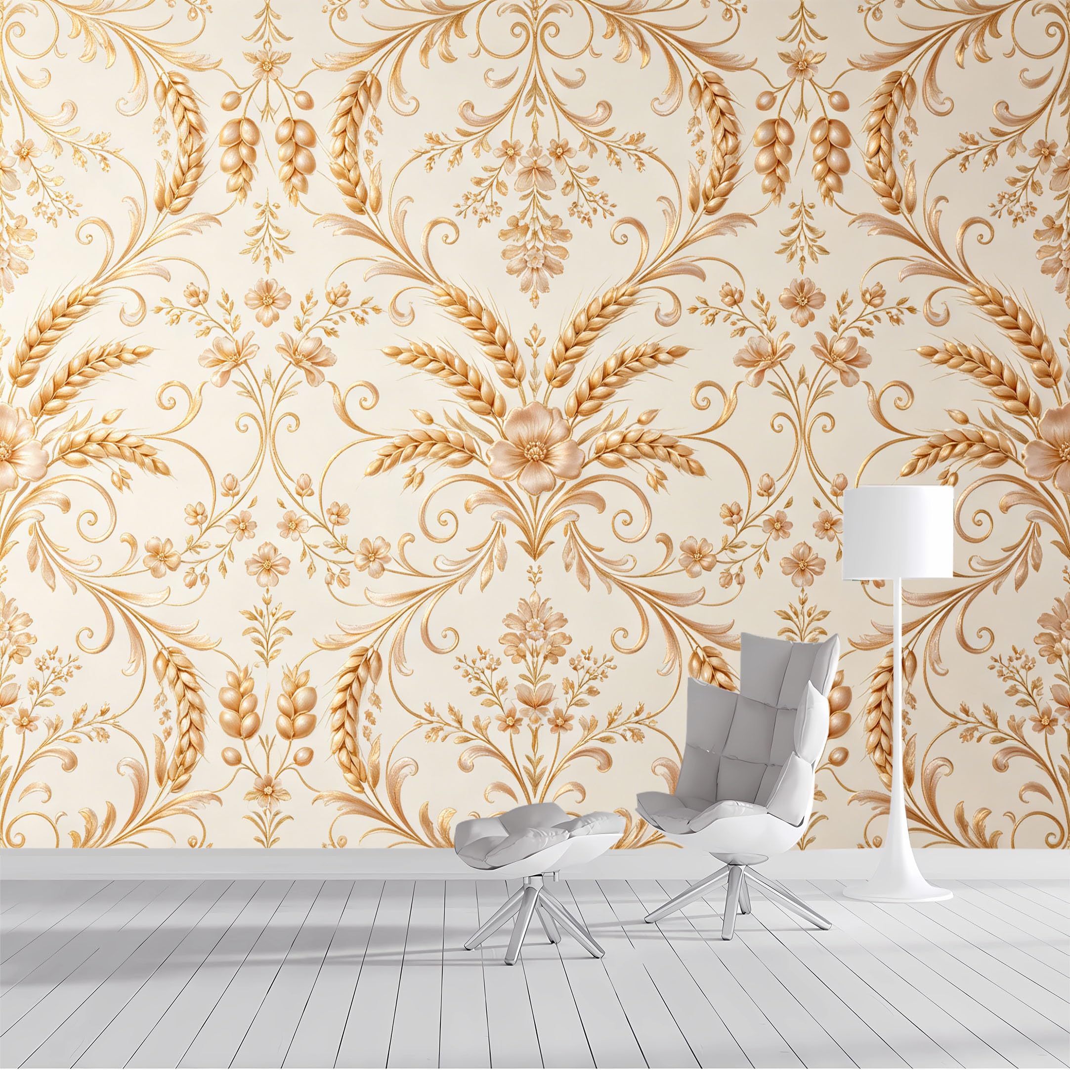 Custom Size Wall Mural Golden Wheat Floral Pattern European Classic Embossed Texture SelfAdhesive Wall Fabric Removable Peel and Stick Wallpaper Wall Decor for Living Room Bedroom Bathroom