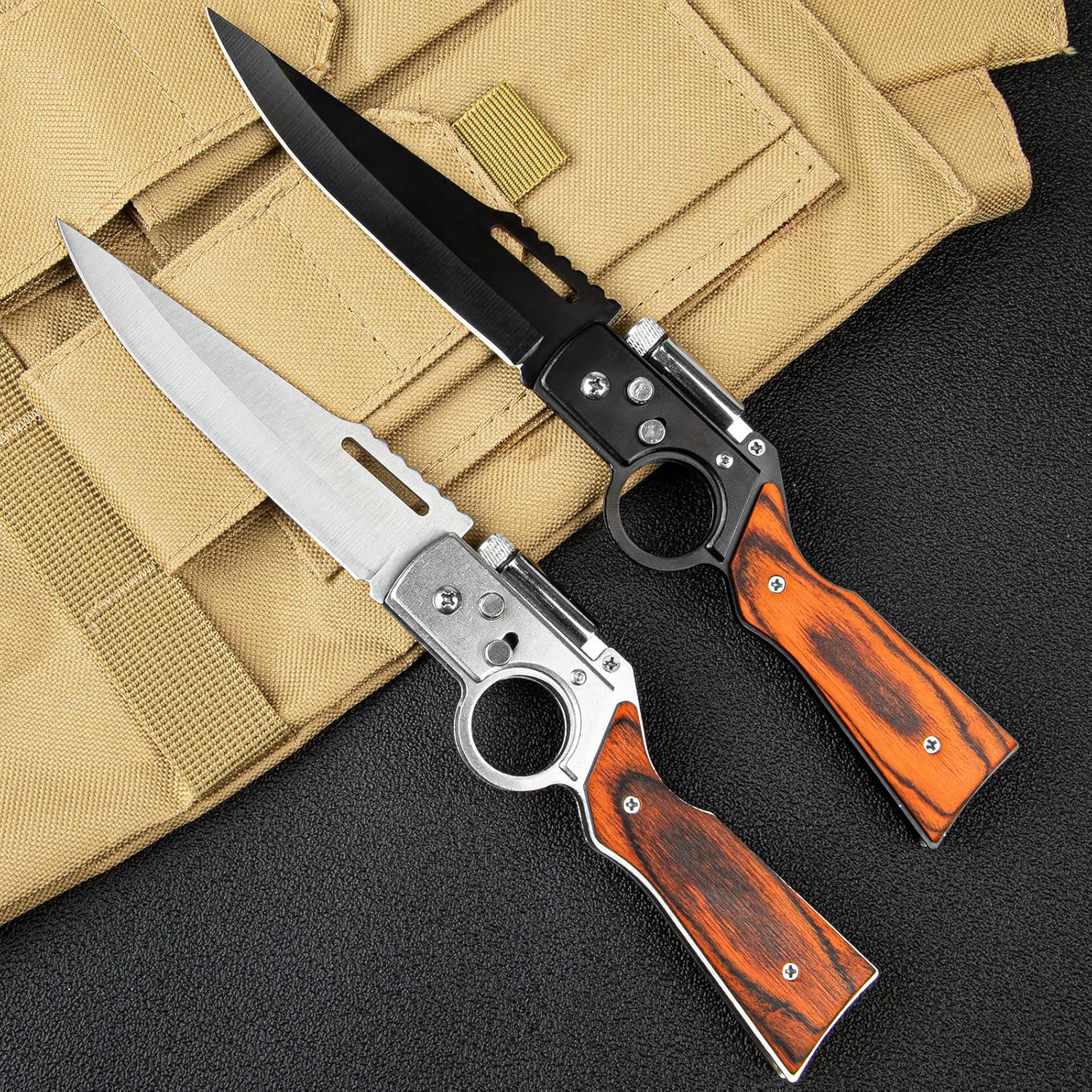 2 Pcs Pocket Knife Ak47 Folding Knife Stainless Steel Blade Lightweight Wooden Handle, Gifts for Men