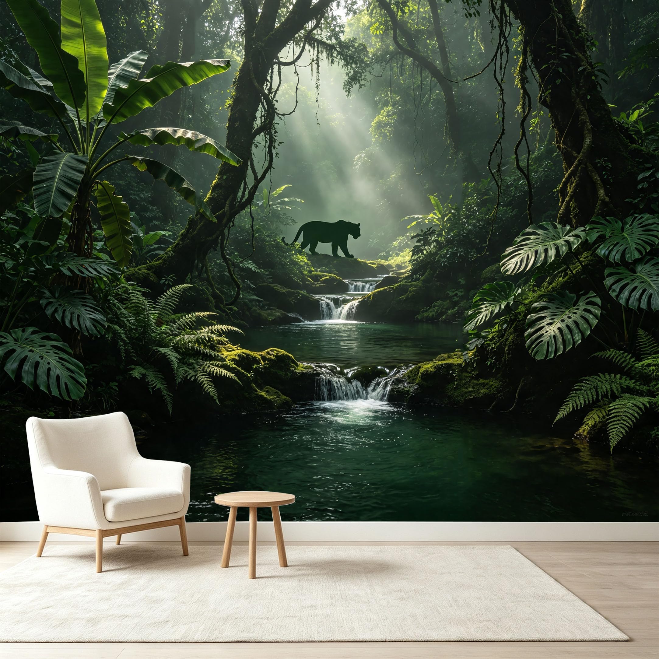 Custom Size Wall Murals Tropical Jungle Rainforest Wildlife Leopard Sunbeam Stream Landscape Self-Adhesive Wall Fabric Removable Wallpaper Wall Decor for Living Room Bedroom Bathroom