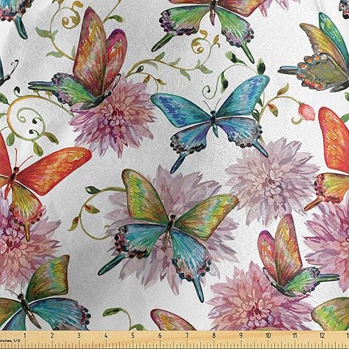 Ambesonne Butterfly Fabric by The Yard, Retro Style Swallowtail Wings Ornate Spring Season Blooming Flowers Background, Decorative Satin Fabric for