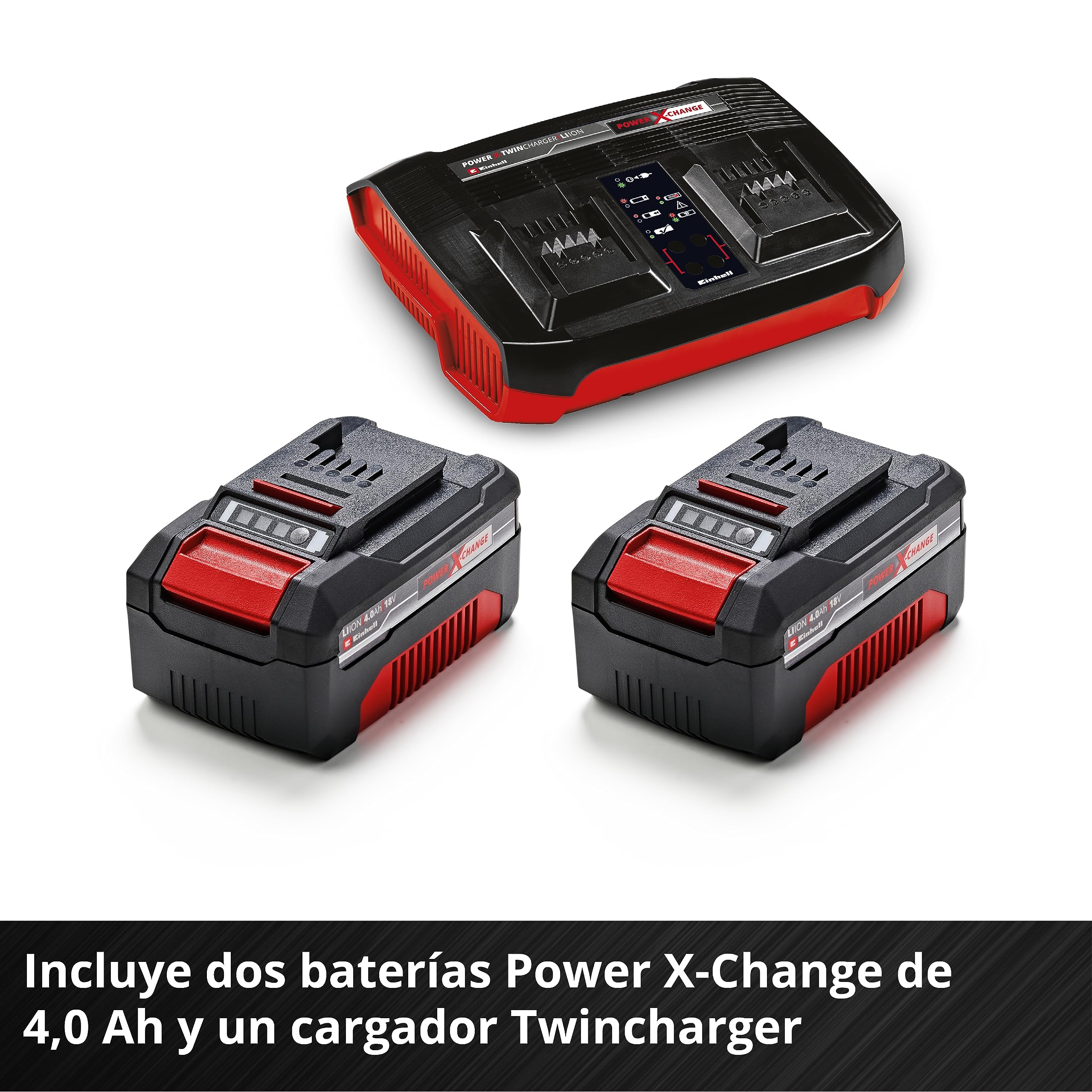 Einhell Set de cortacésped con batería GP-CM 36/450 Power X-Change (36 V, 38 cm de corte, 450 m², sin escobillas, mullido, bolsa colectora de 45 l, dos baterías de 4,0 Ah + cargador Twincharger)