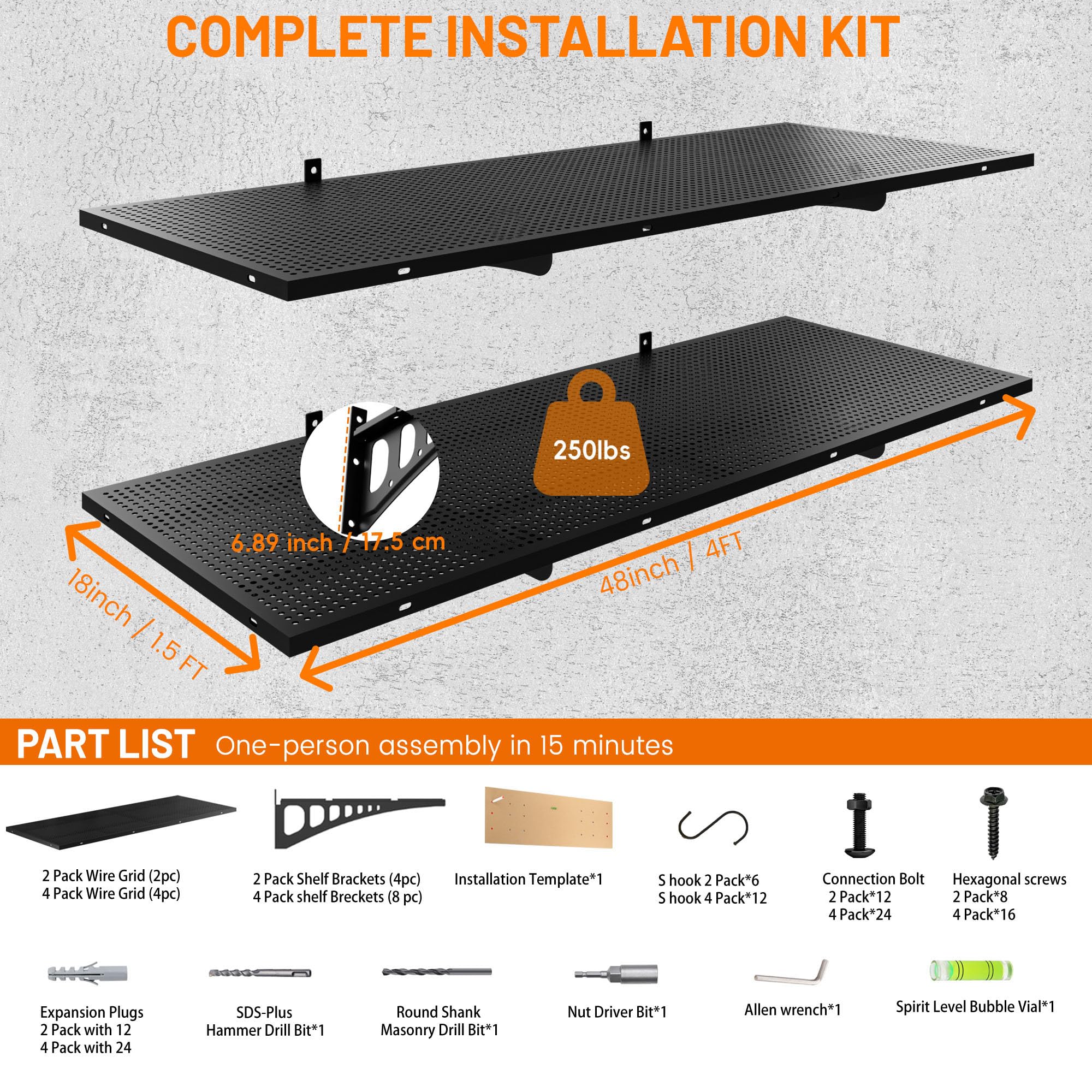 Cuguords 4-Pack 1.5x4ft Wall Storage Shelves, 1000 Lbs Garage Wall Shelf, Heavy Duty Floating Tool Rack with Complete Install Kit, Black - image 4