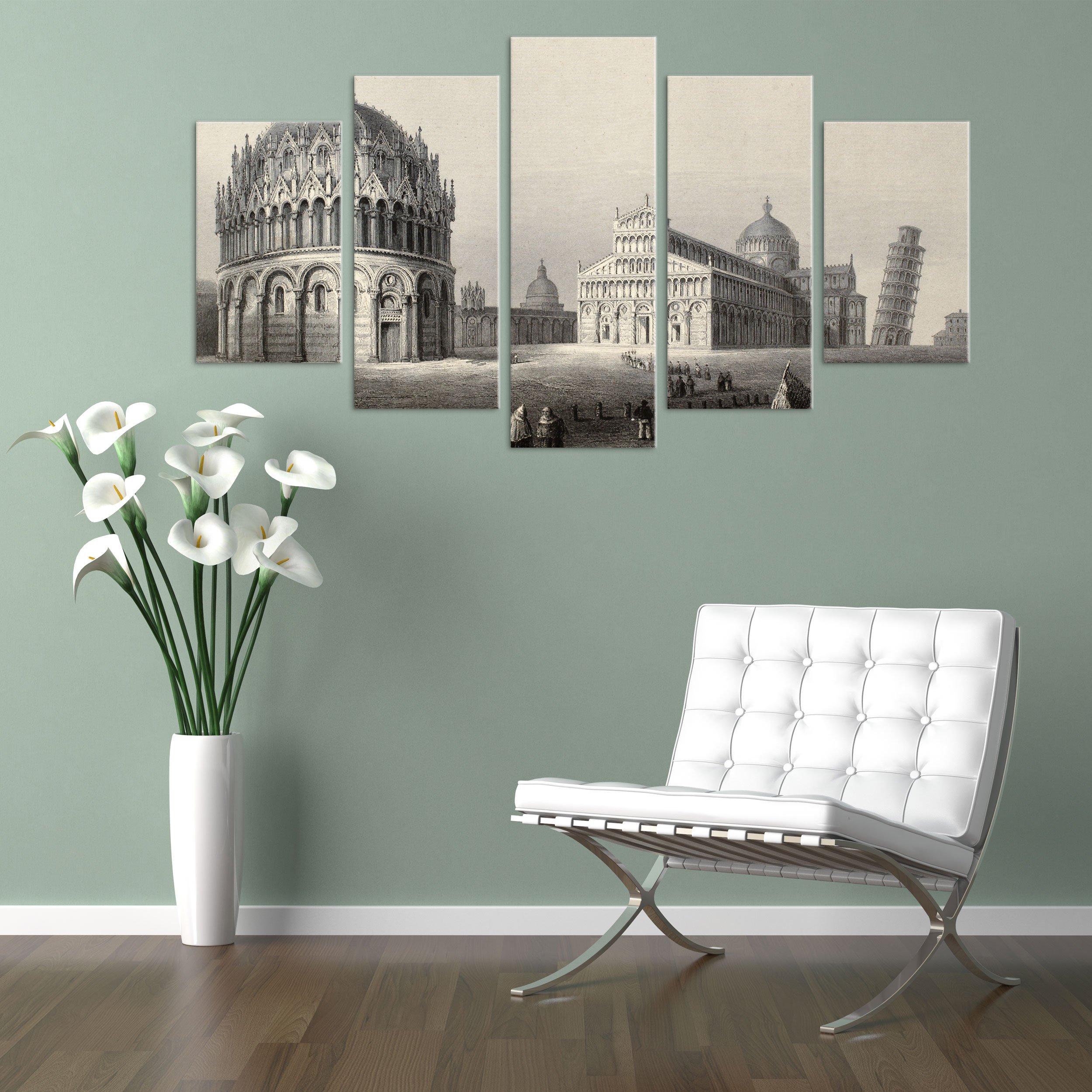ConKrea Bild auf Leinwand, gerahmt, fertig zum Aufhängen, Piazza dei Miracoli, Torre di Pisa – Antike Gravur 1842 – 170 x 86 cm (Code 2824)