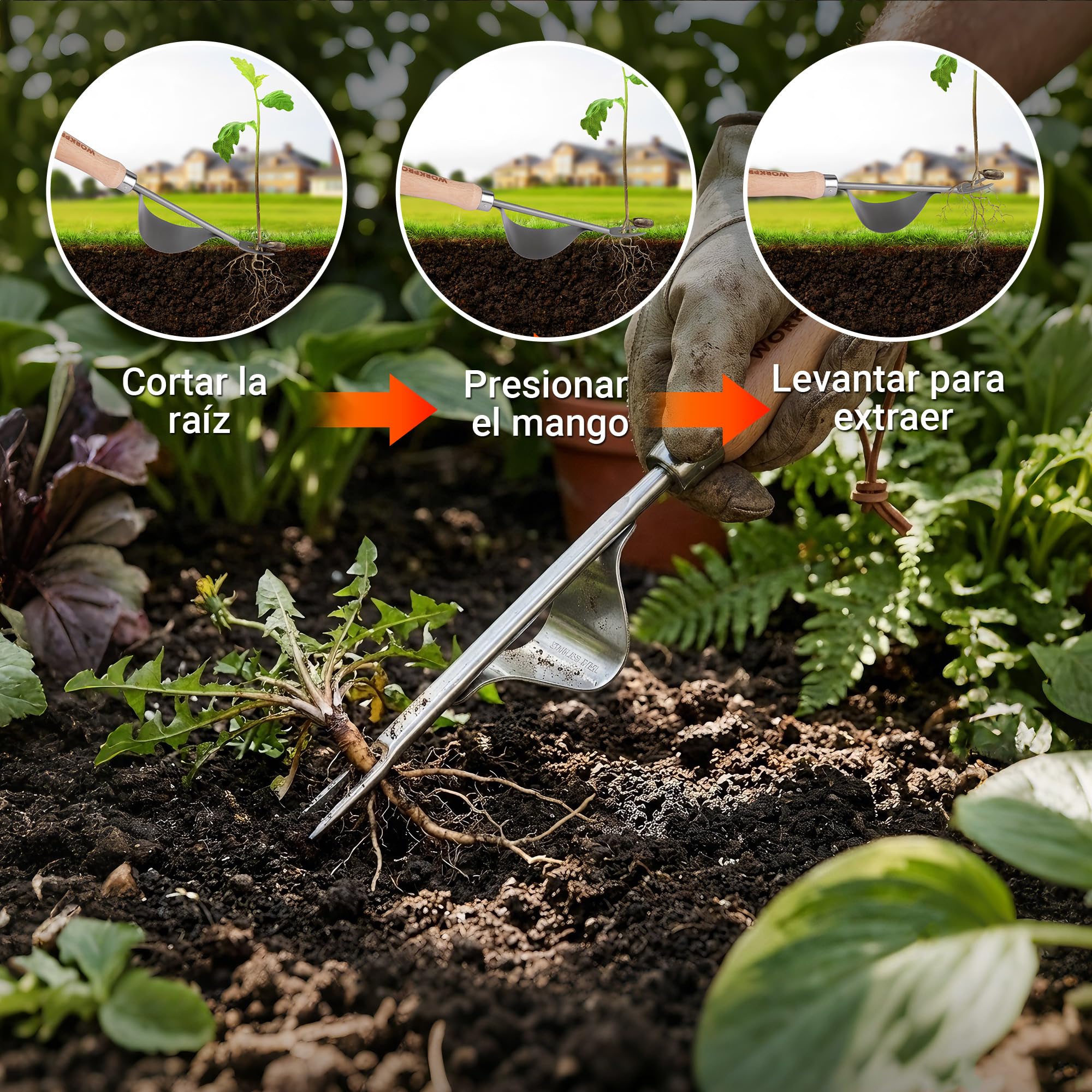 WORKPRO Desherbador Manual de Acero Inoxidable, Extractor de Malas Hierbas con Mango de Madera Ergonómico, Herramienta Quitahierbas para Jardín, para Quitar Dientes de León, Cardos y Otras Malezas