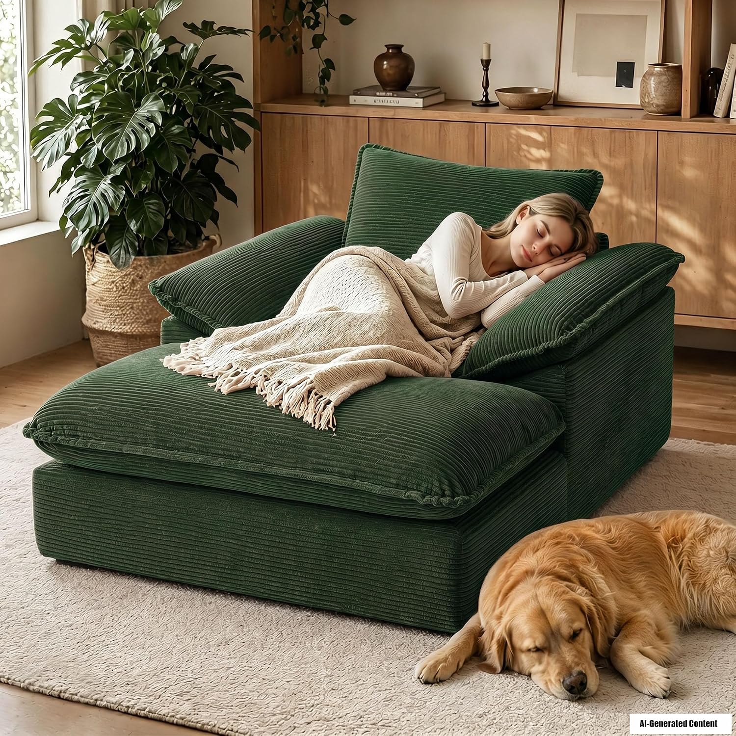 67" Oversized Chaise Lounge Chair Indoor, Boneless Large Comfy Reading Chair, Corduroy Upholstered Deep Seat Sleeper Sofa Bed, Chaise Lounge Couch with Padded Armrests for Living Room, Bedroom, Green