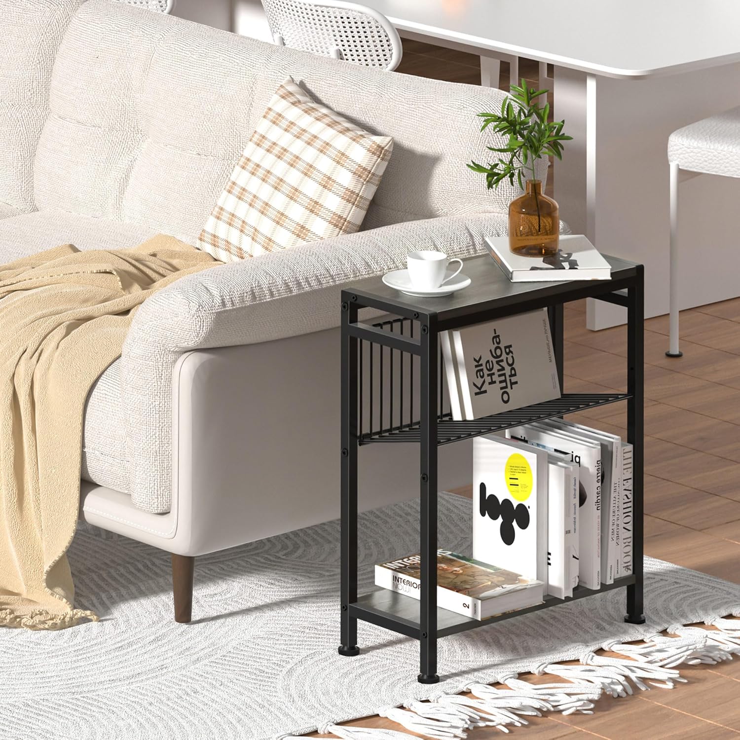 Side Table for Small Spaces, Narrow End Table with Magazine Holder, 2 in 1 Design Slim Side Table, Skinny Nightstand for Living Room Bedroom, Thin Side Magazine Table, Grey