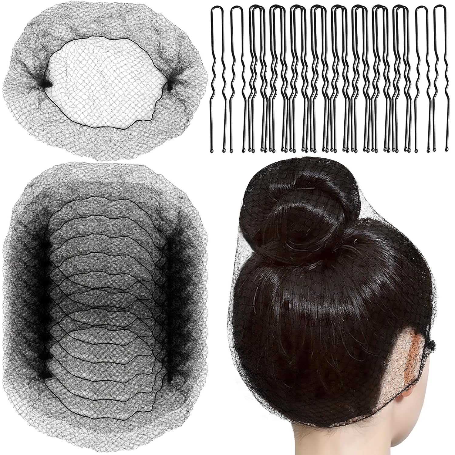 FANDAMEI Extra Large 60cm Black Hair Nets for Women & Men - 20 Pack Nylon Hairnets + 20 U-Pins for Food Service, Ballet, Dancing, Sleeping