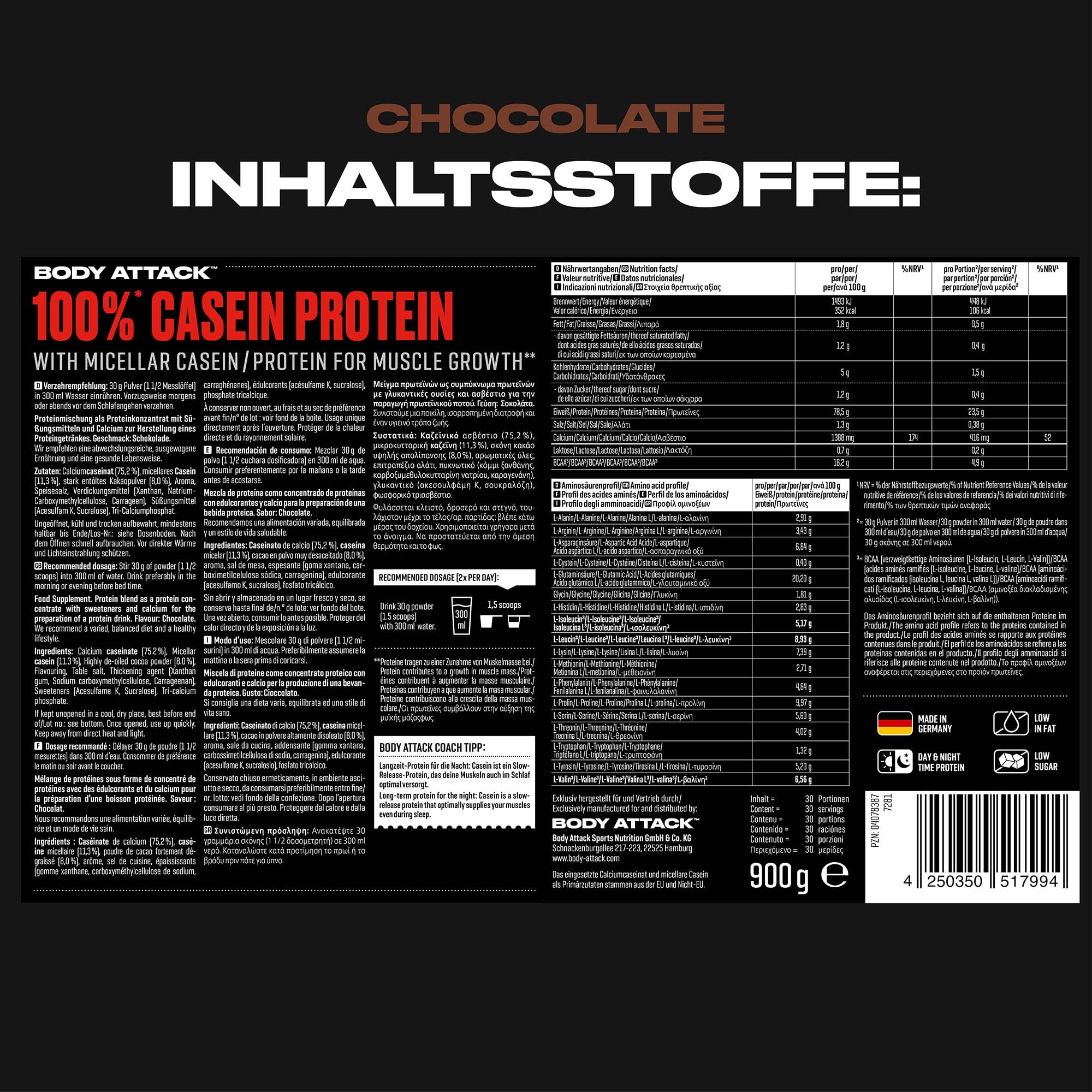 Body Attack 100% Caseine Proteine, Acides aminés-Proteines musculation, Low Carb - Prise de masse -Pour sportifs, athlètes et les personnes soucieuses de leur silhouette-900g protein powder- chocolat