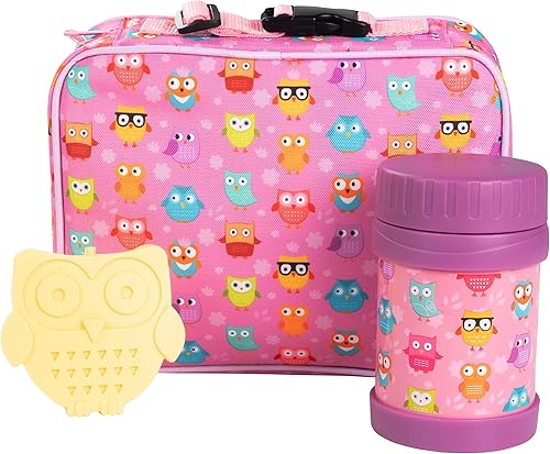 Bentology Juego de bolsas de almuerzo para niños, color rosa y amarillo, incluye bolsa de hielo duro reutilizable y termo de acero inoxidable para