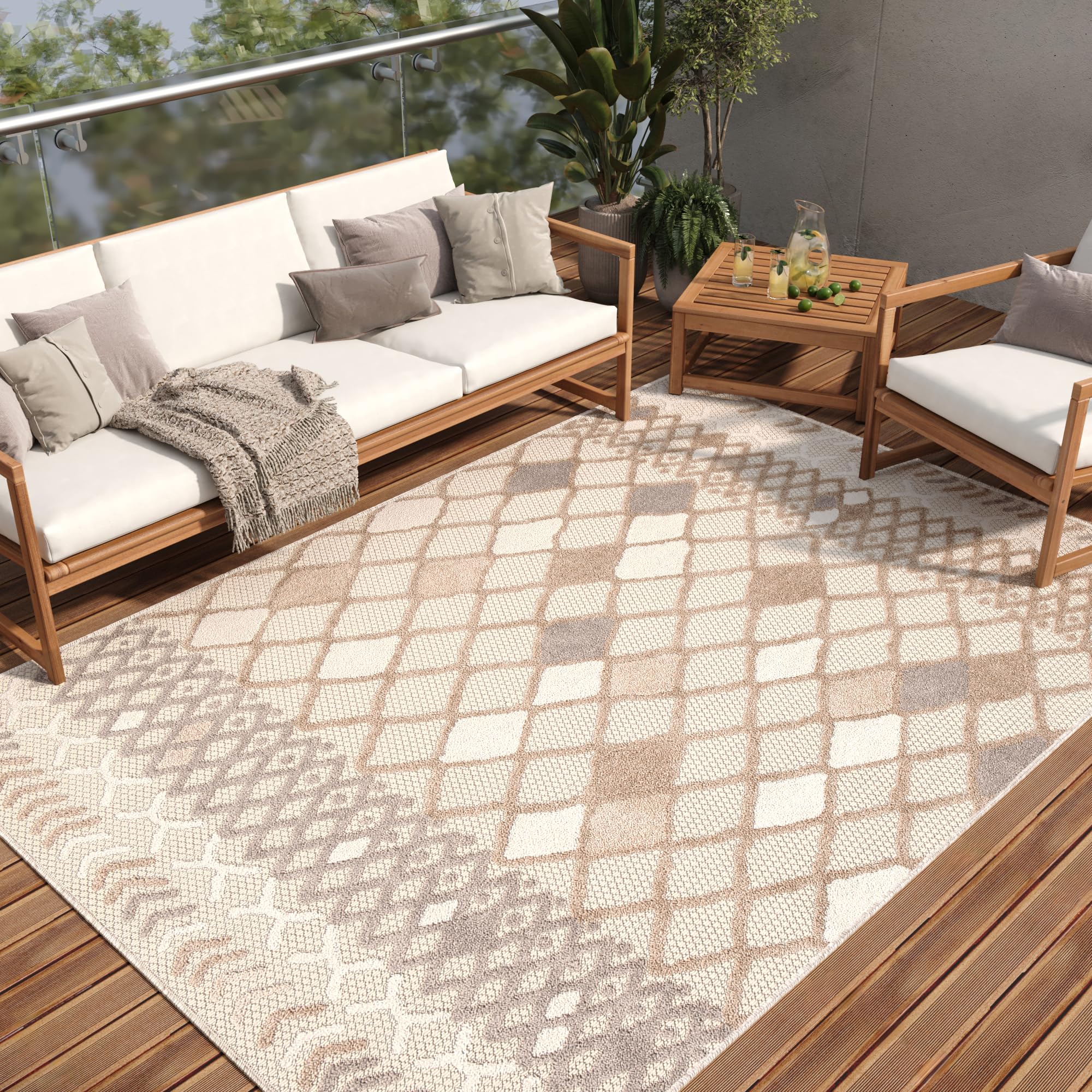 TAPISO Patio dywan tarasowy, mata do kuchni, salonu, na zewnątrz, nowoczesne wzornictwo, 3D karo, beżowy, jasnoszary, kremowy, marokański wzór, sizal, odporny na uszkodzenia 80 x 150 cm