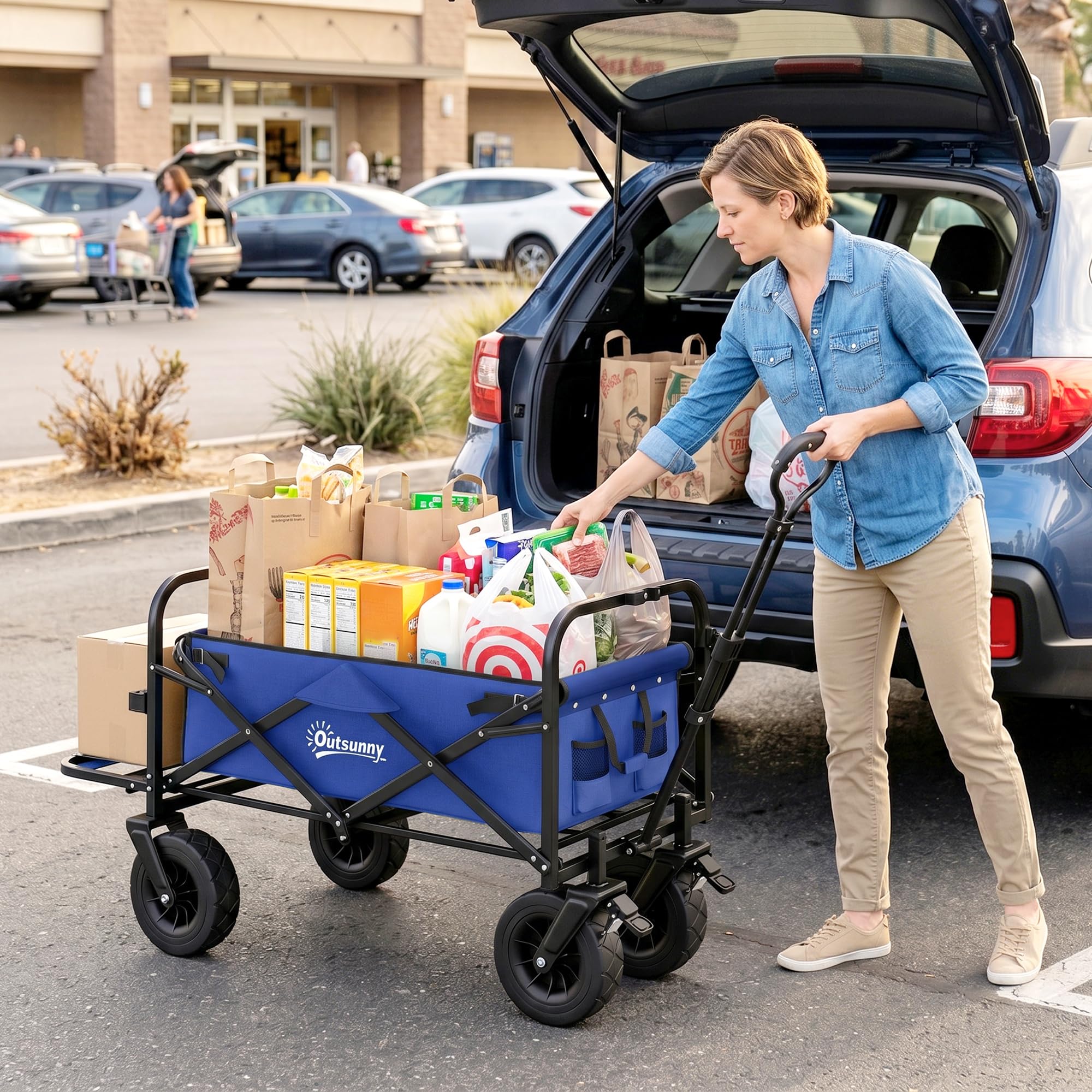 Outsunny Carro de Jardín Carro para Playa Plegable 100 kg Azul Oscuro | Longitud y Ángulo del Mango Ajustables, Puerta Trasera, Bolsa de Transporte, para Compra