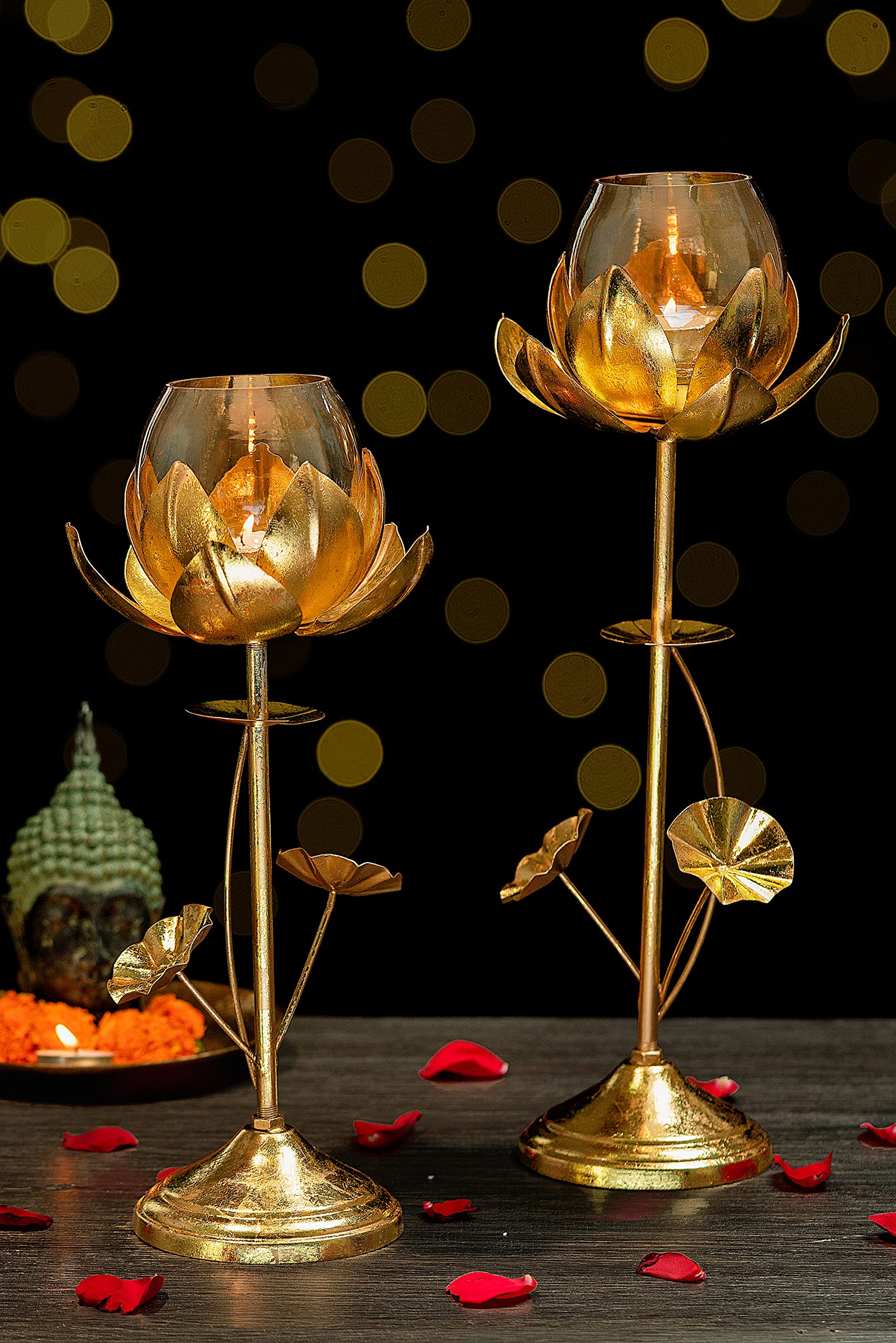 KREATIVE ART’S Lotus Candle Holder with 3 Glass Decorative Items | Dining Table Decorative Items | House Warming Gifts for New Home | Decorations Items for Home (Gold Lotus Set of 2) 2
