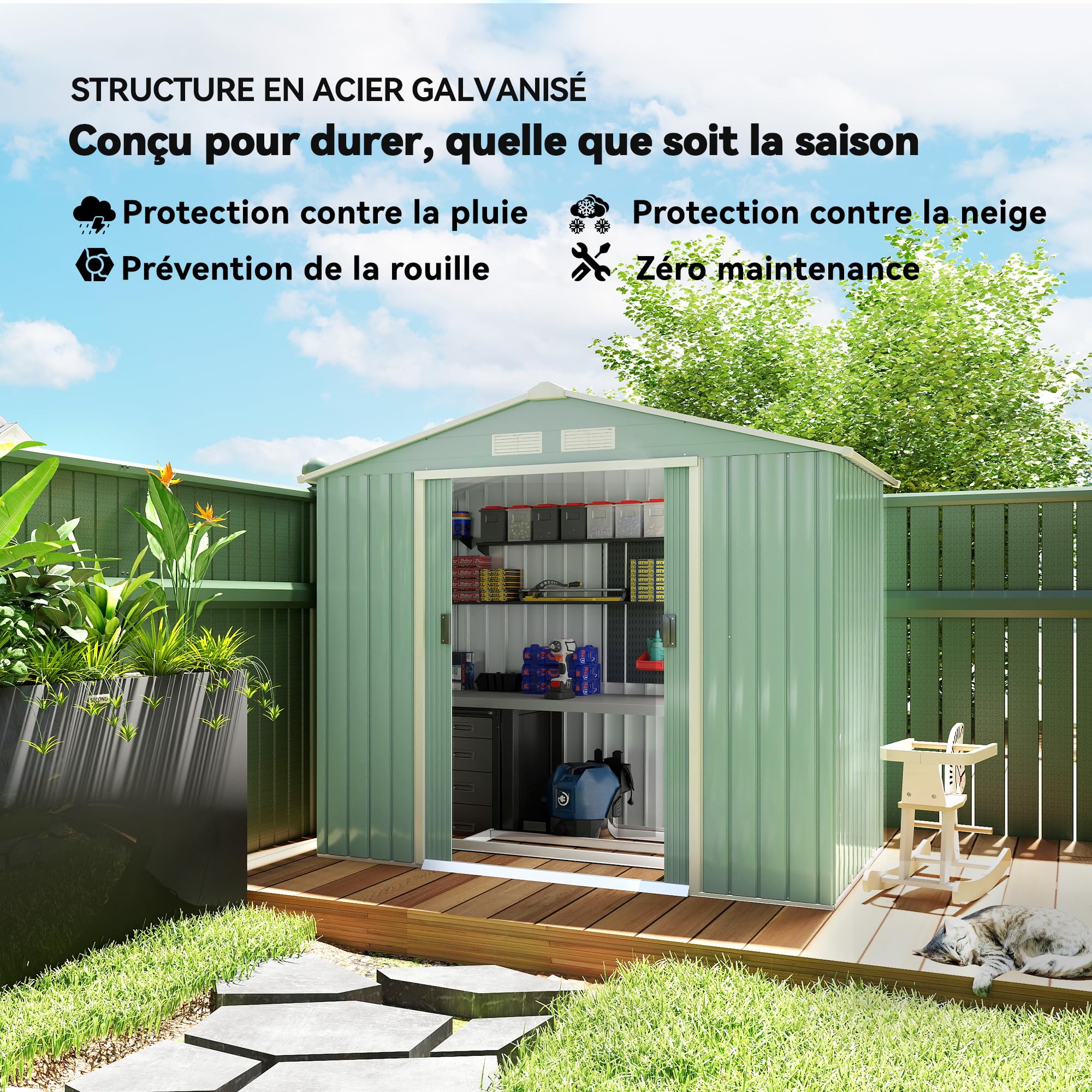 Outsunny Metalowy domek ogrodowy 2,42 m² 213 x 130 x 185 cm, jasnozielony