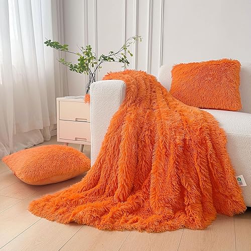 Miniatura 10 de XeGe Juego de 3 piezas de manta decorativa de piel sintética suave, manta esponjosa y peluda decorativa de 50x60 pulgadas, manta de felpa lanuda