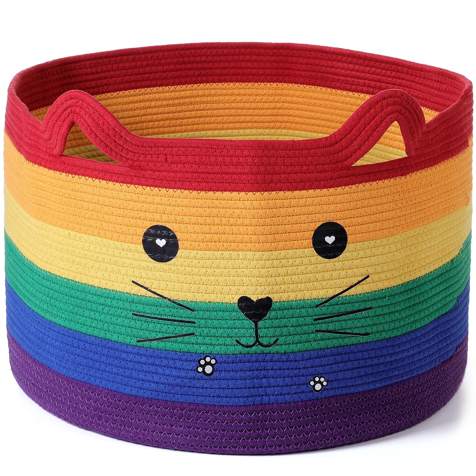 Zopeal Cat Basket Storage Woven Organizer with Ears Christmas Decorative Pet Toy Cute Cotton Rope Basket for Gift Cat Dog Toy Bin Nursery Room(21.7 x