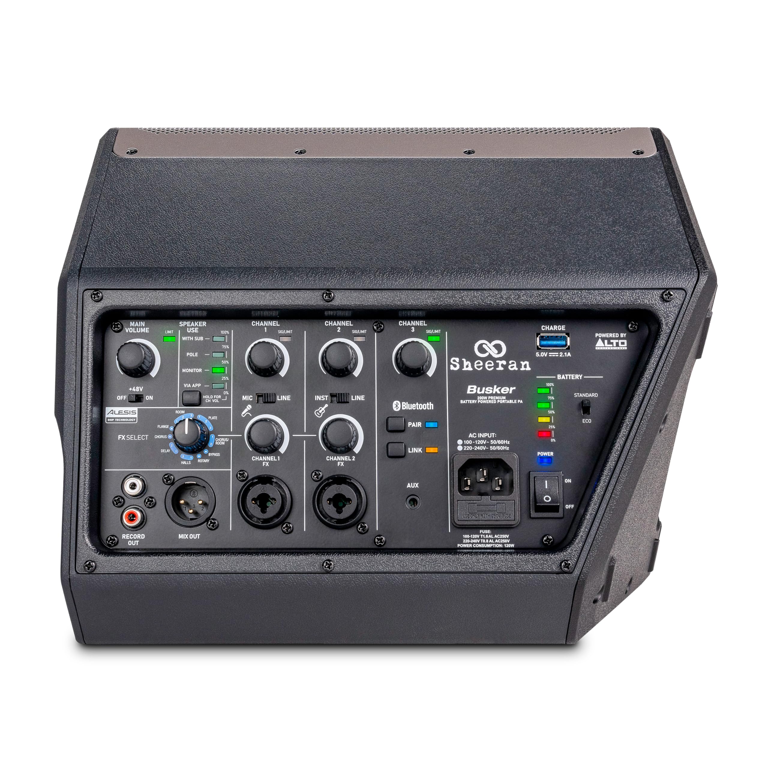 SHEERAN Special Edition Busker - PA portatile da 200 W con batteria ricaricabile, Bluetooth, mixer a 3 canali, effetti Alesis, app, ricarica USB