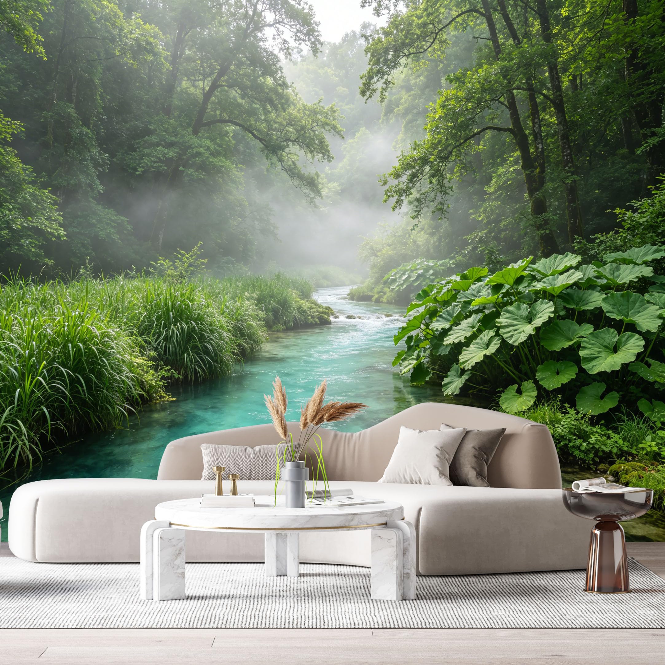 Custom Size Wall Murals Misty Forest Landscape Botanical River Watercolor Green Foliage SelfAdhesive Wall Fabric Removable Large Wallpaper for Photo Living Room