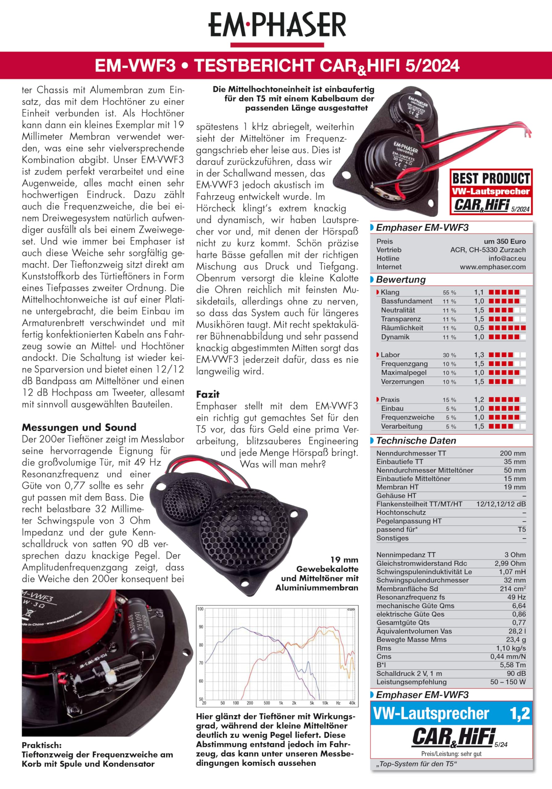 EMPHASER EM-VWF3 – Plug & Play 3-Wege 20 cm / 8“ Komponenten System, kompatibel mit VW T5 Transportern, Reisemobilen, Einbau Lautsprecher für Türen/Armaturenbrett, 100 W RMS